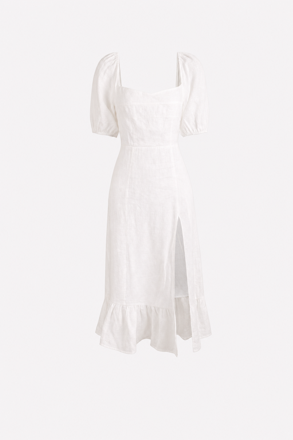 Puff Sleeve Split Hem Midi Dress in Breathable Cotton Linen - 1