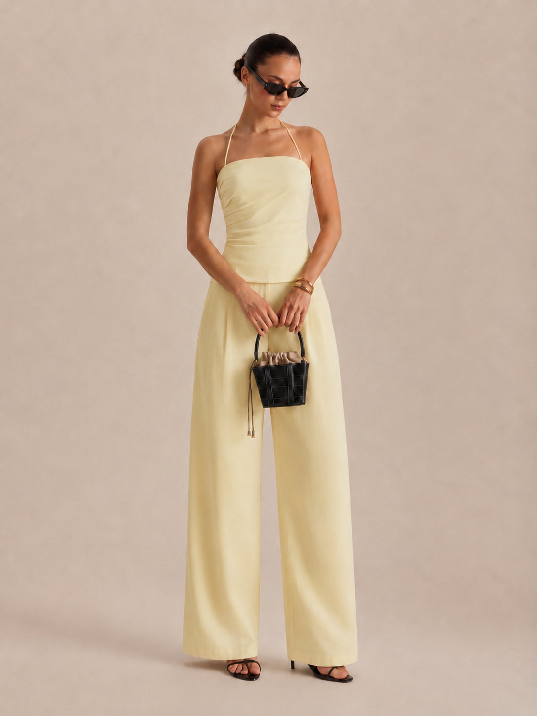 Ruched Halter Top & Wide-Leg Pants Set In Light Yellow - 3