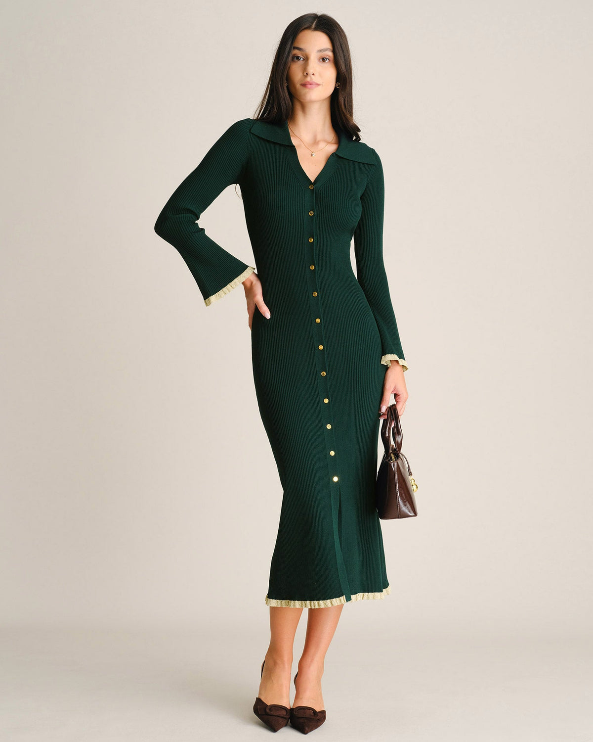 Green Mermaid Knit Dress with Bell Sleeves - view 5