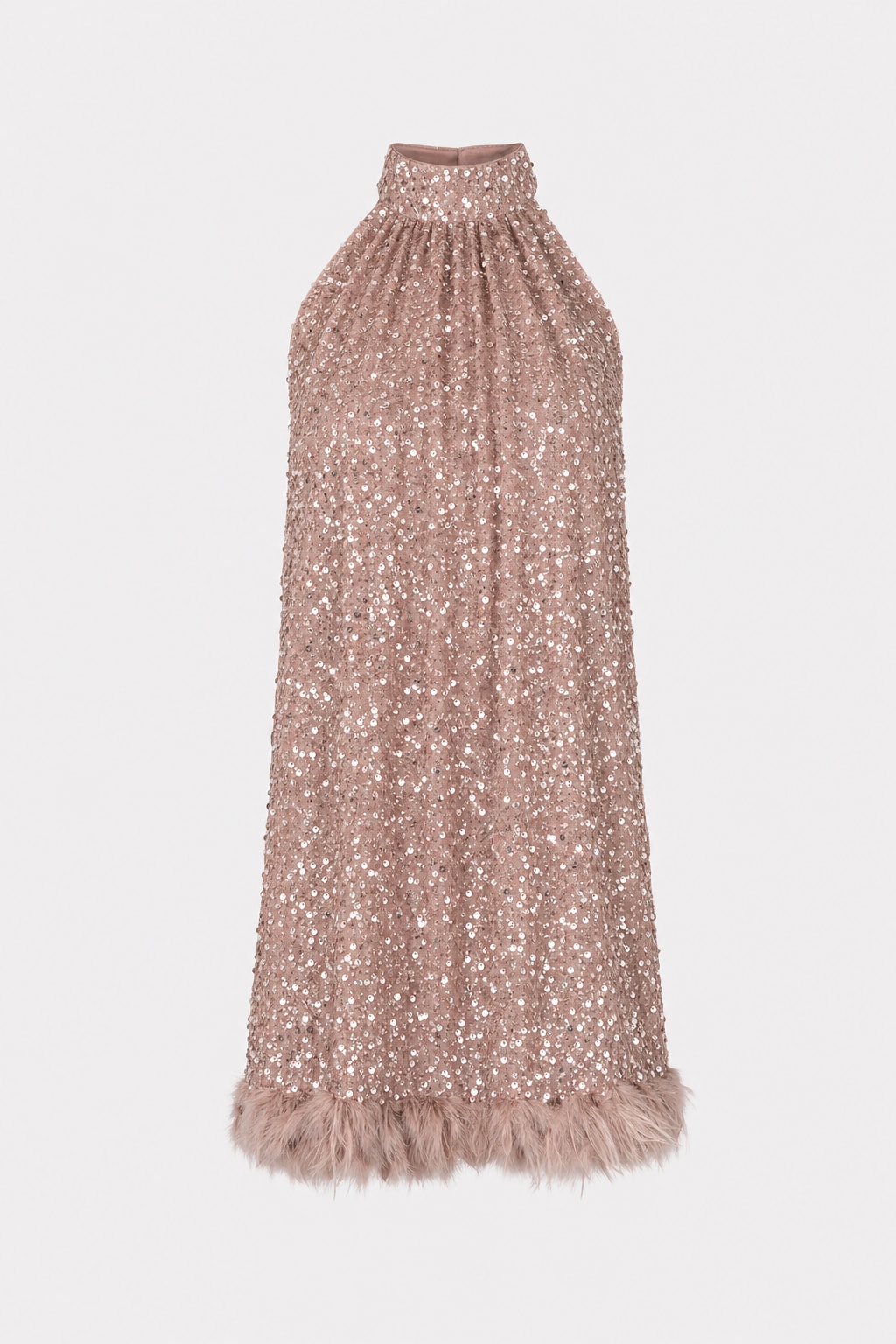Sequin Halter Feather Trim Mini Dress - 1
