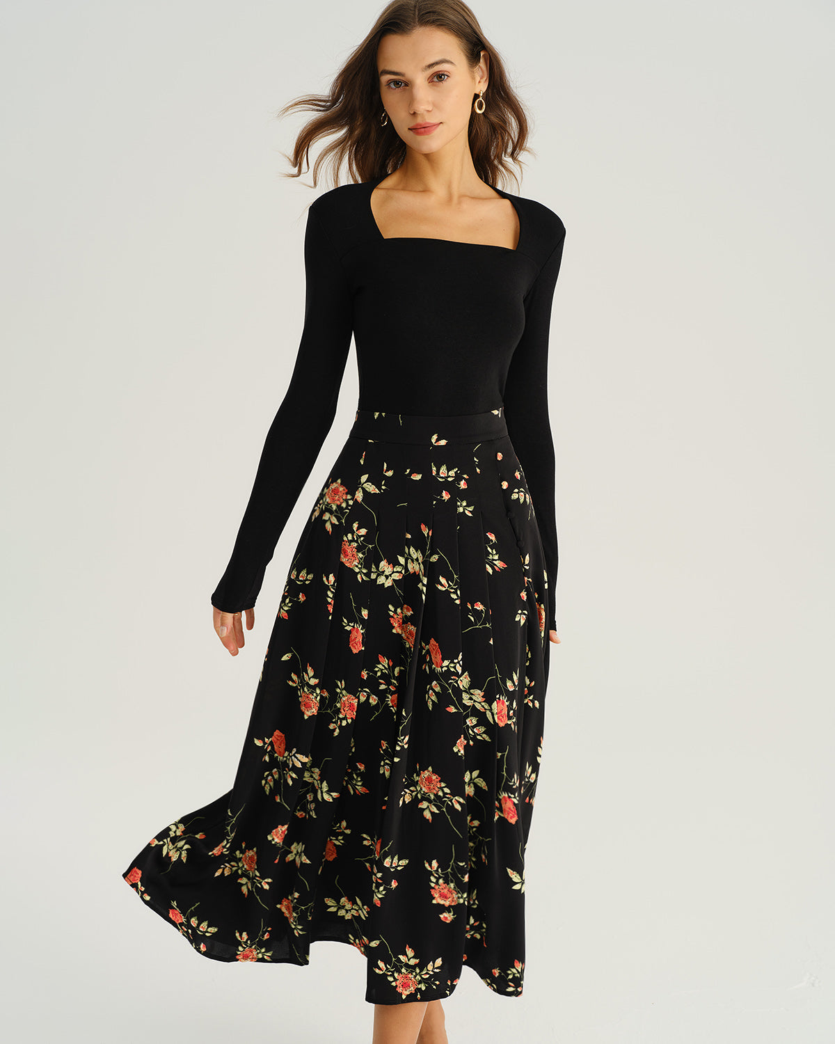 Black Ditsy Floral A-Line Midi Skirt - view 5