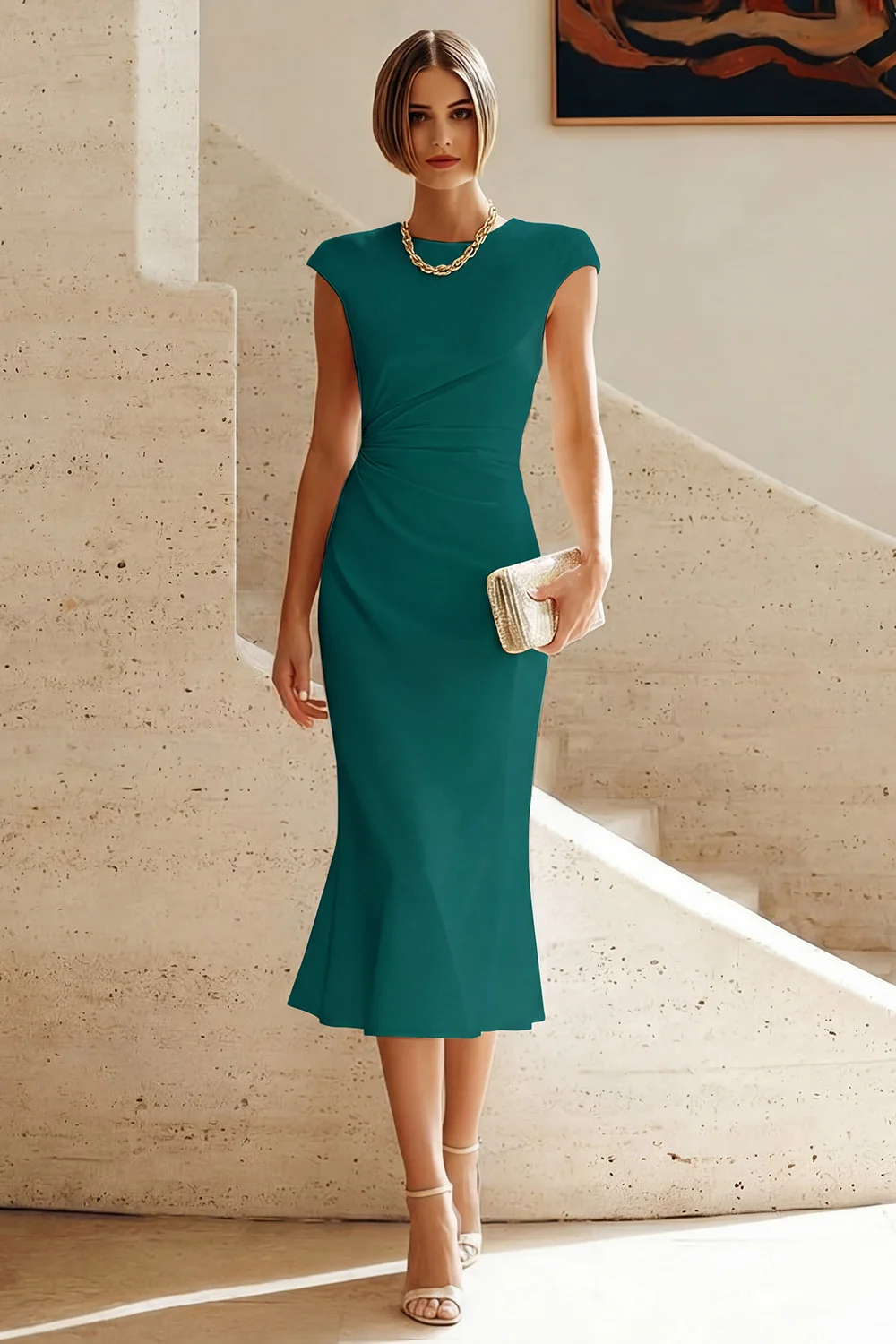 Satin ruched midi dress with cap sleeves - view 9