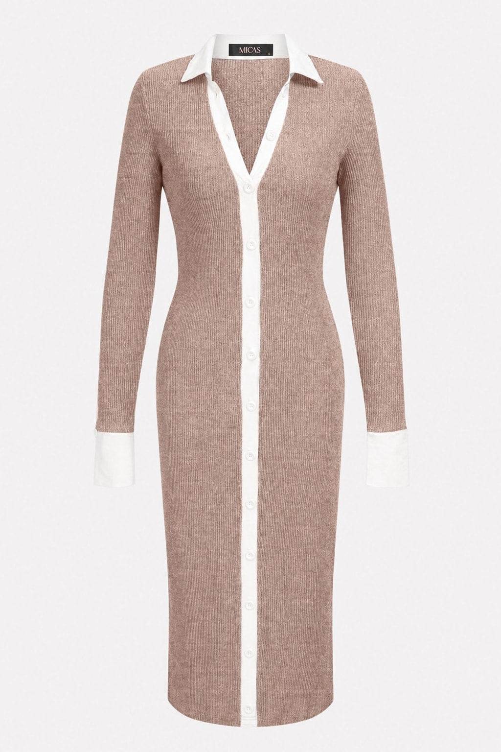 Elegant Khaki Knit Patchwork V-Neck Midi Dress - 1