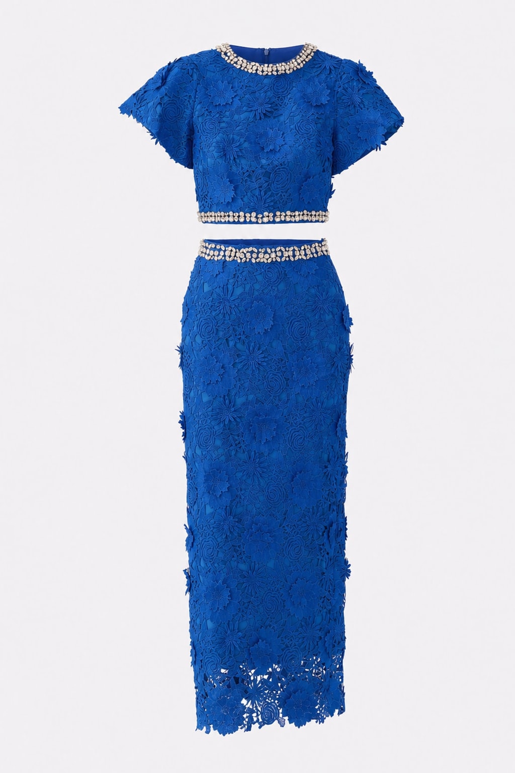 Lace Rhinestone Crop Top And Midi Skirt Set - 1