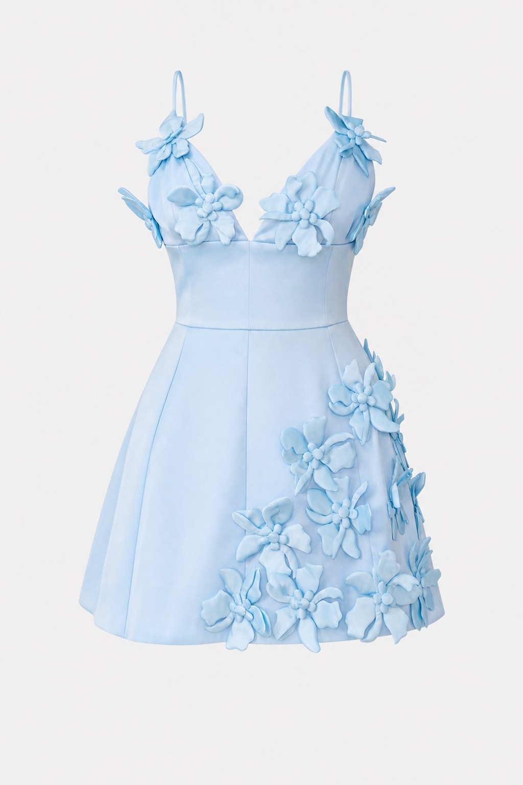 Satin Floral Applique V Neck Mini Dress - 1