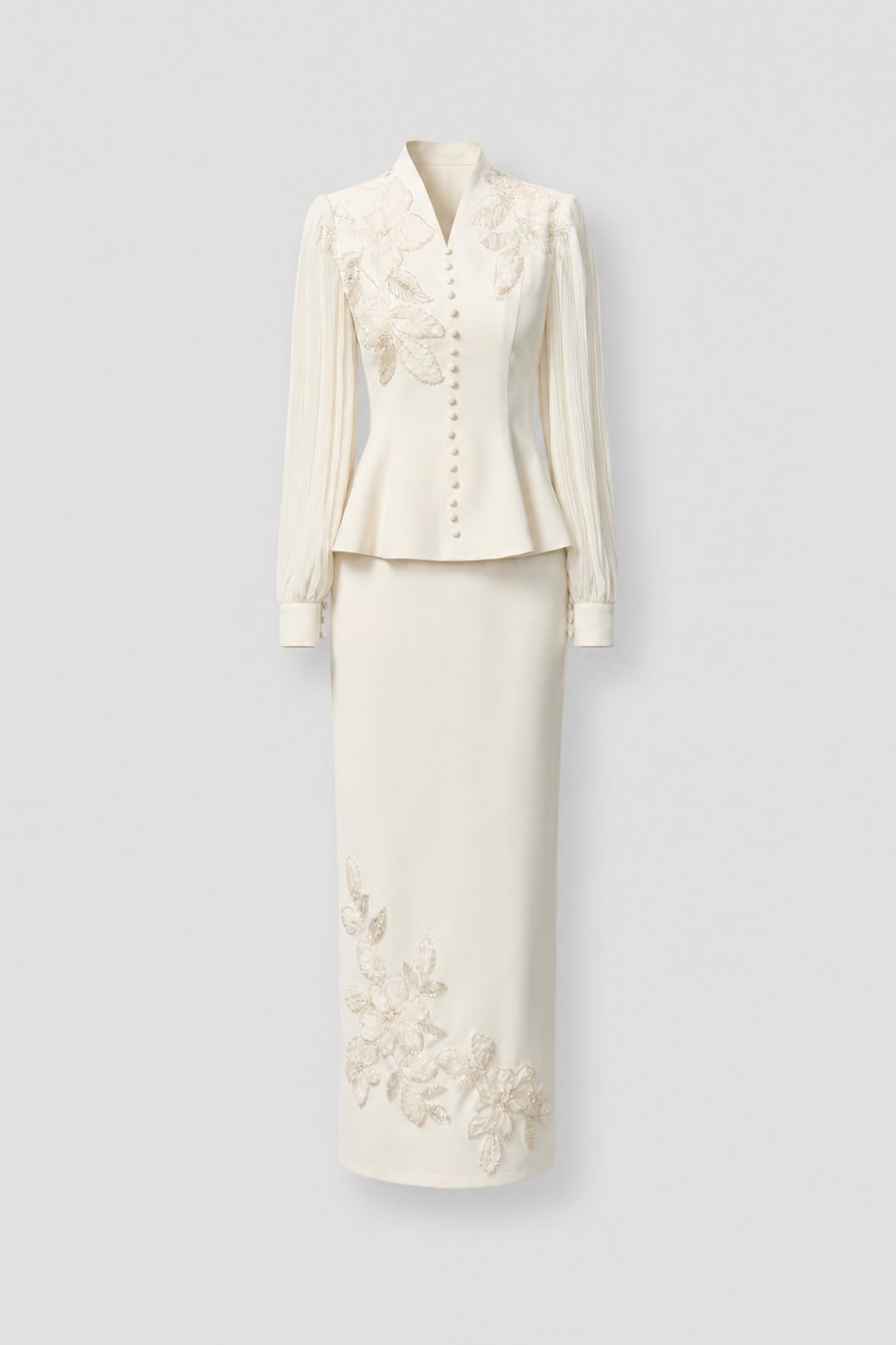White Floral Embroidered Skirt Set Modest Peplum Maxi Outfit - 1
