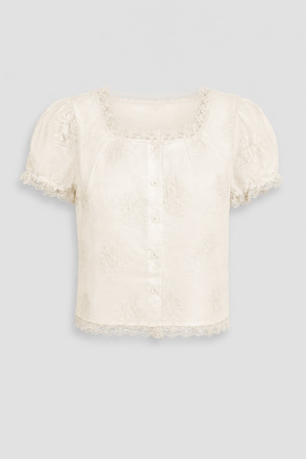 Floral Square Neck Tee With Button-Front Lace Trim - 1