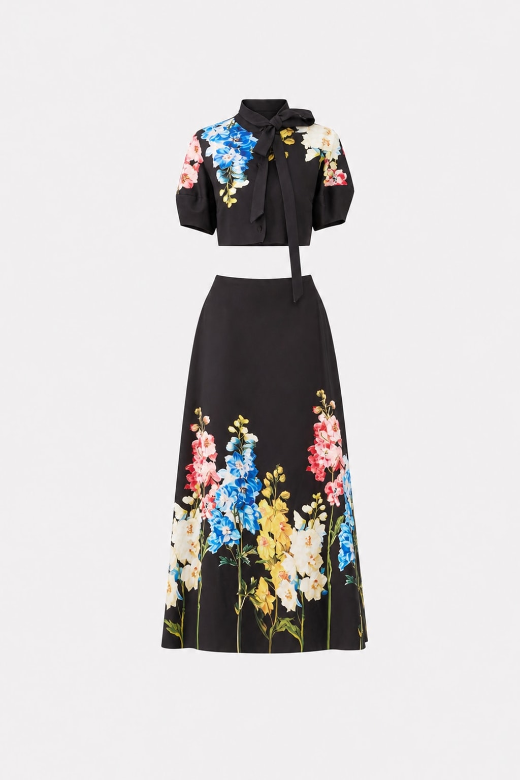Floral Print Tie Neck Crop Top And Skirt Set - 1