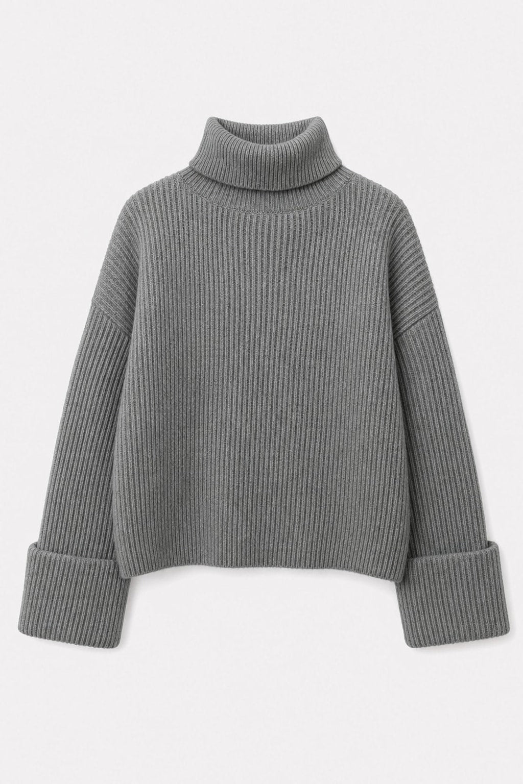 Grey Ribbed Knit Turtleneck Sweater - 1