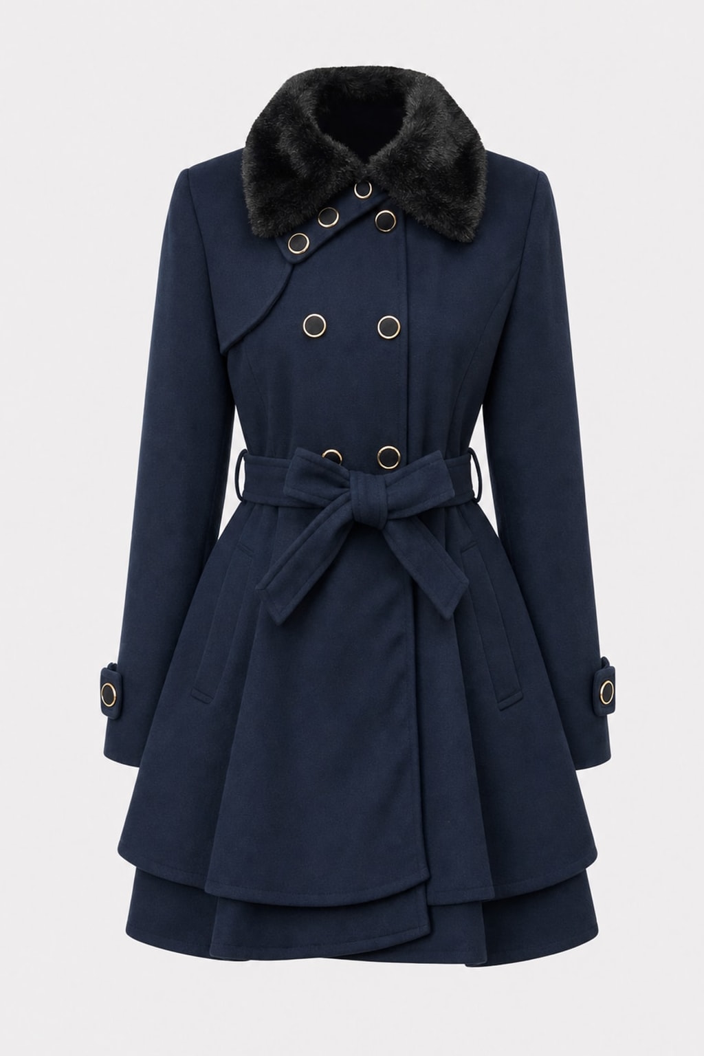 Warm Navy Blue Double Breasted Coat with Faux Fur Collar - 1