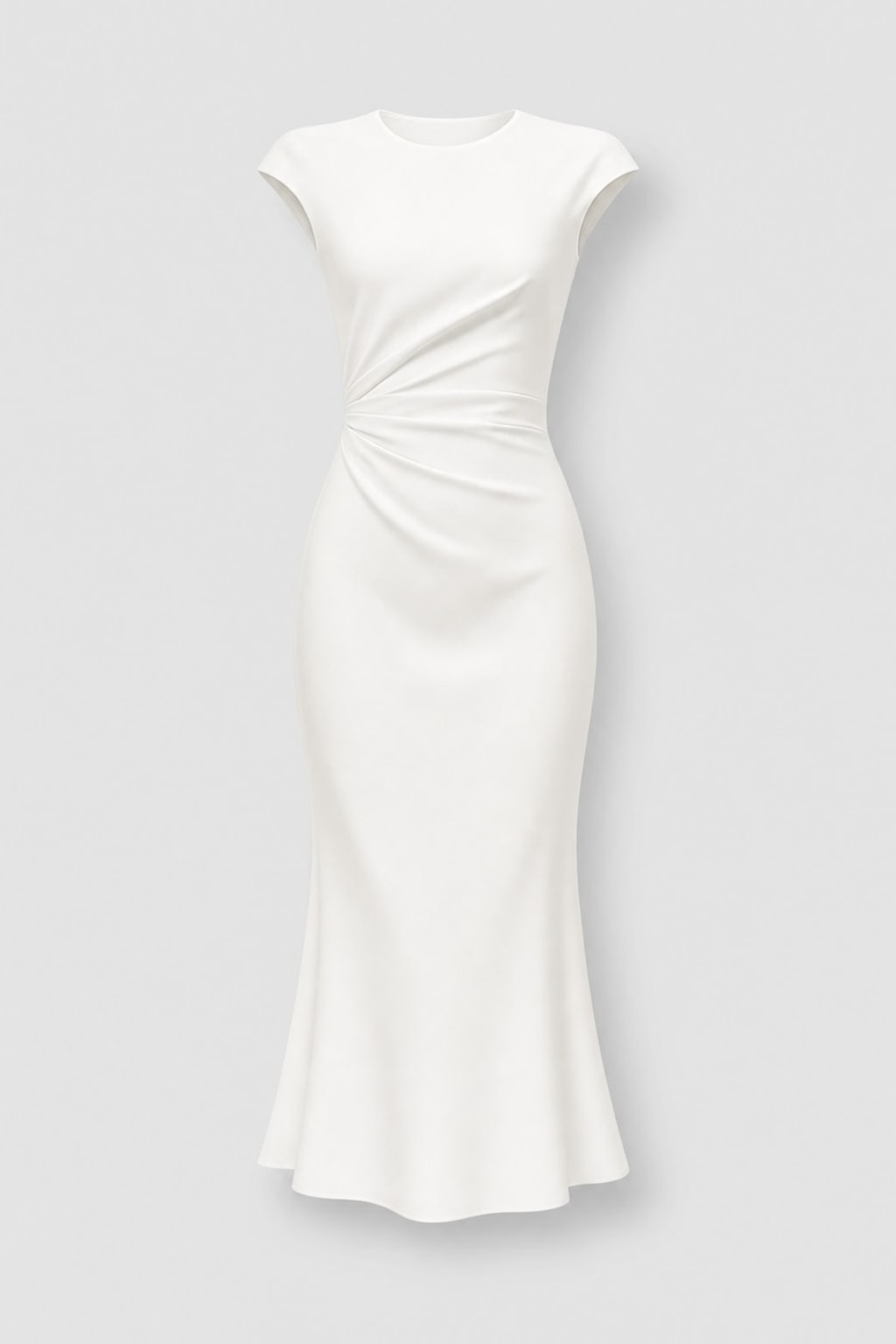 Satin Ruched Midi Dress with Cap Sleeves