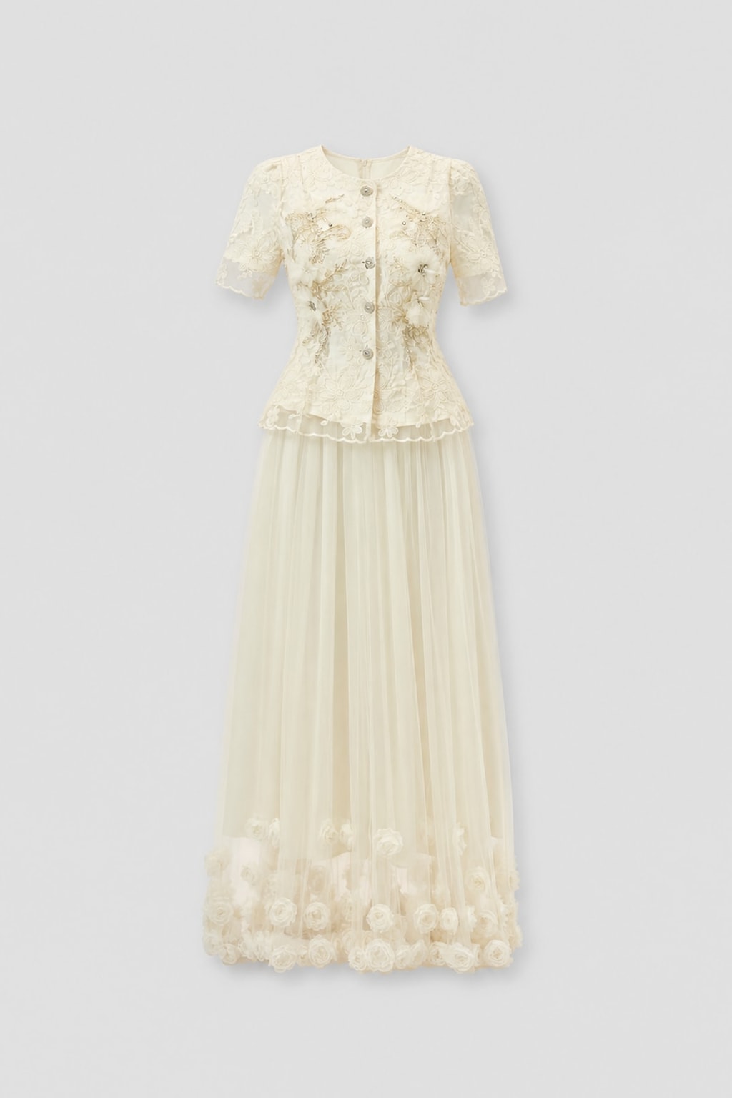 Lace Top And Tulle Skirt Set with Floral Applique