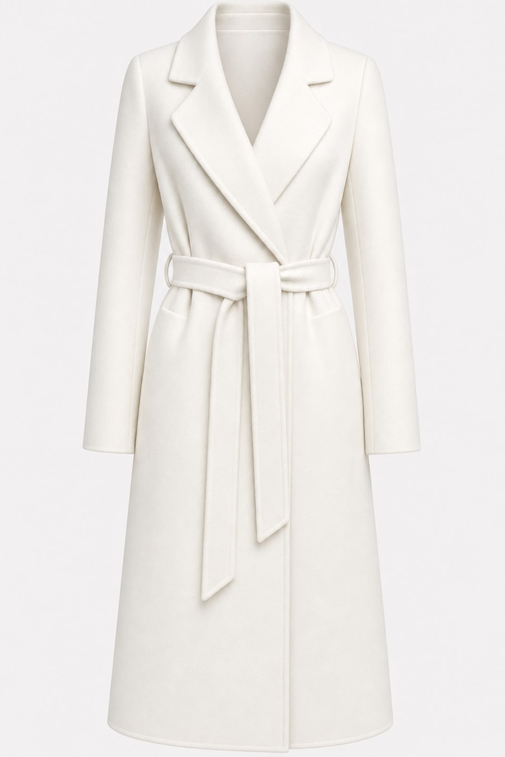 Warm White Belted Wrap Coat with Wide Lapel - 1