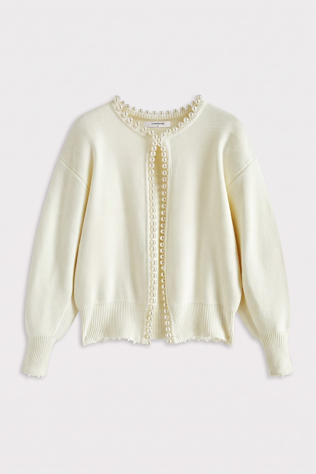 White Knit Cardigan With Pearl Trim - 1
