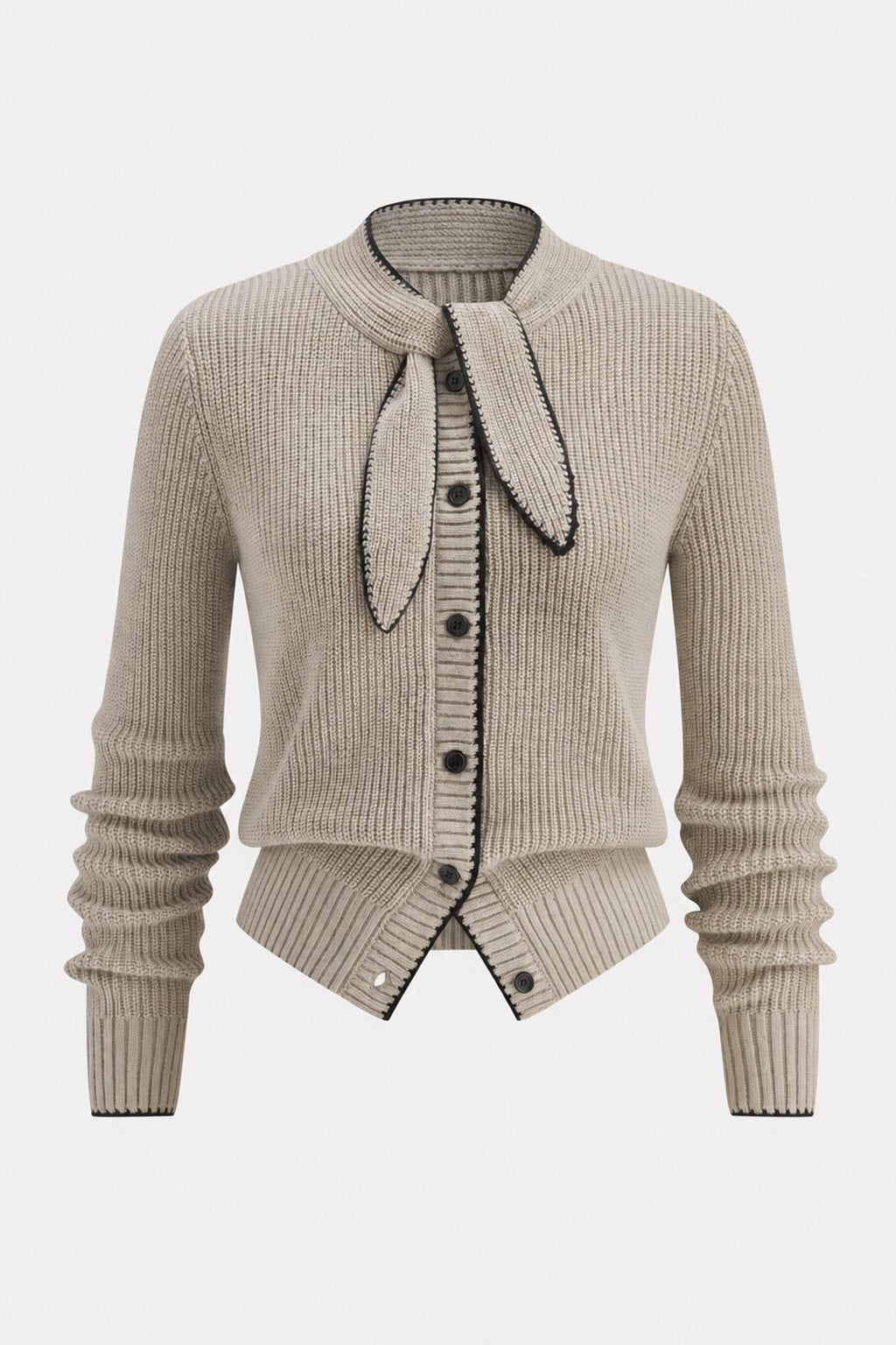 Wool Blend Tie-Neck Cardigan With Contrast Trim - 1