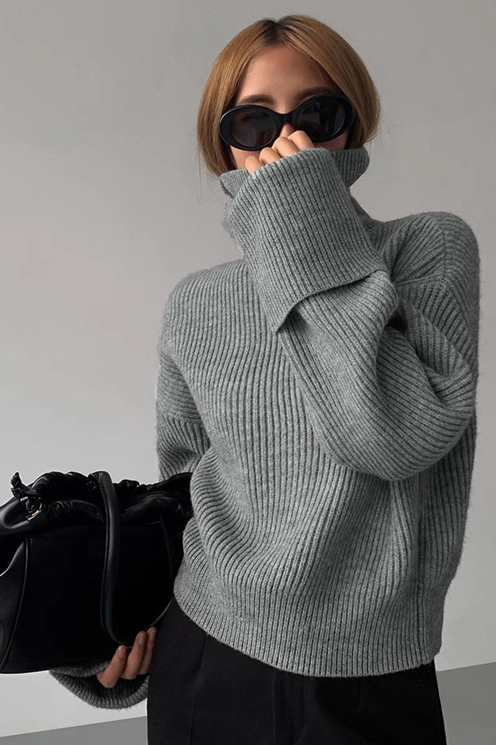 Grey Ribbed Knit Turtleneck Sweater - 2