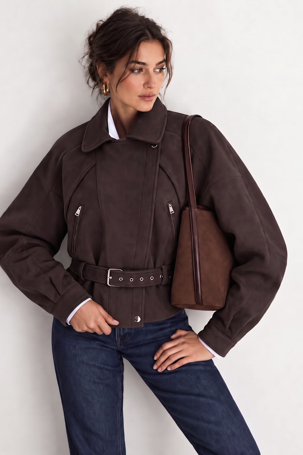 Faux Suede Belted Moto Jacket - 2