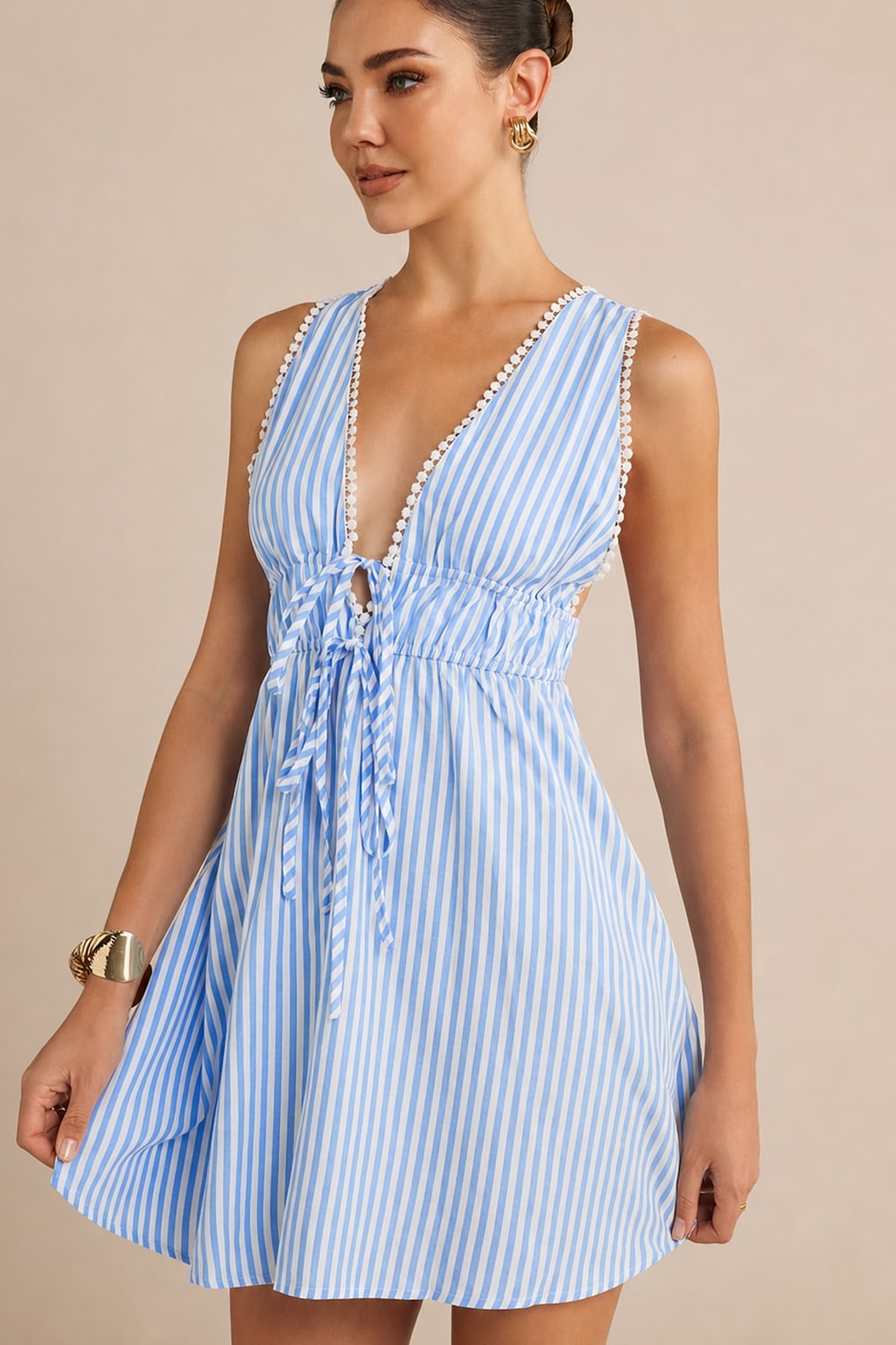Striped Tie-Front Mini Dress - 2