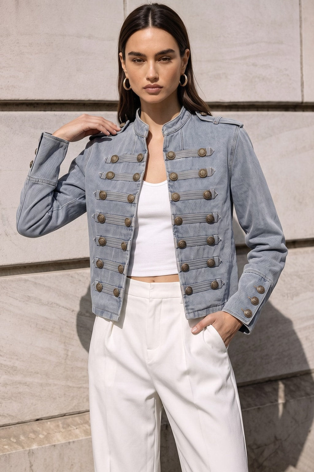 Denim Round Neck Jacket With Metallic Buttons - 2