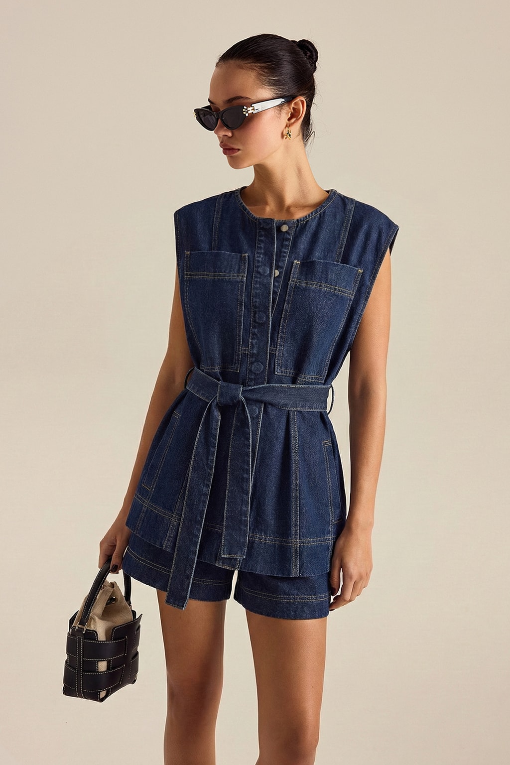 Denim Belted Vest And Shorts Set - 2