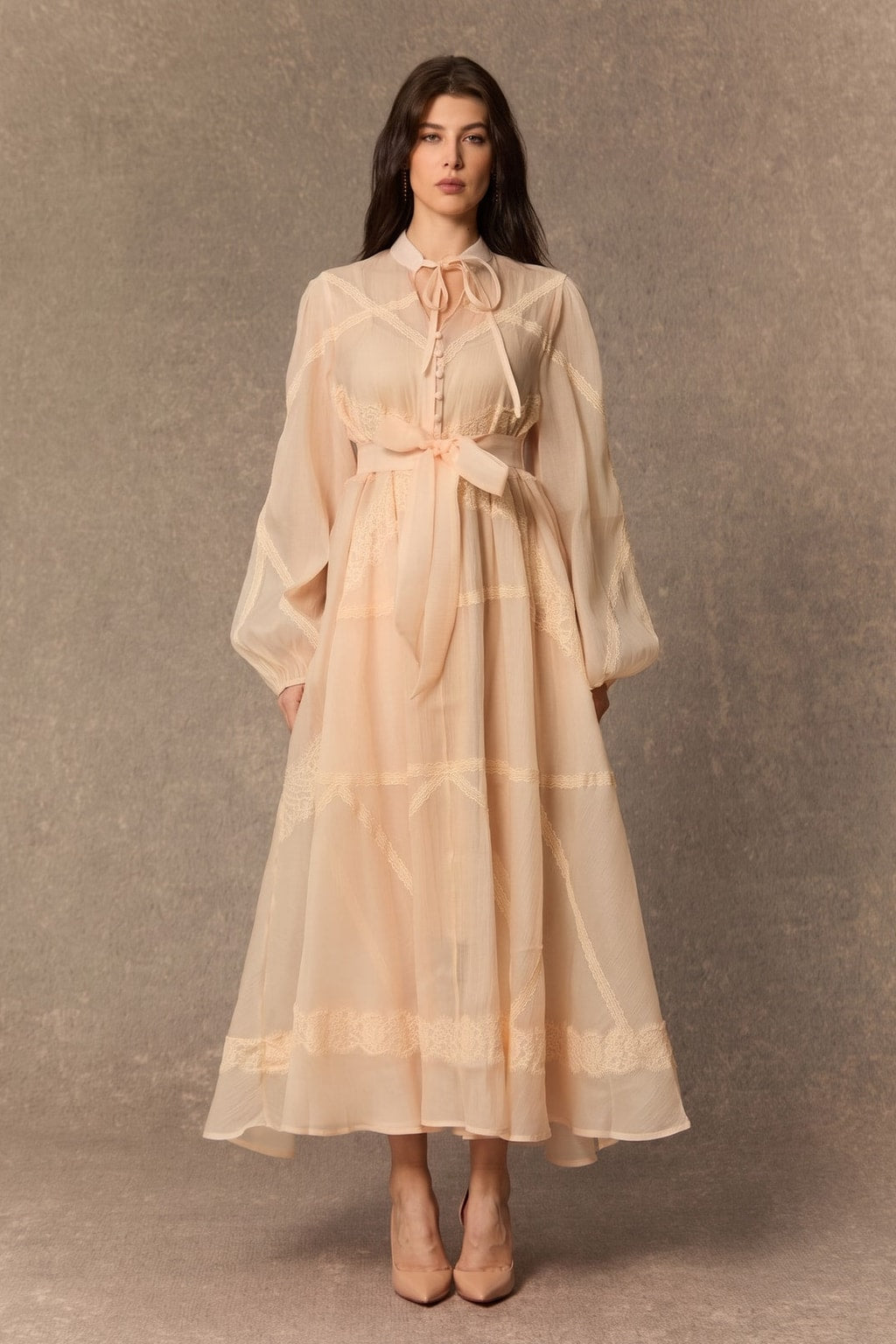 Lace Panel Maxi Dress with Tie-Neck Bow - 2