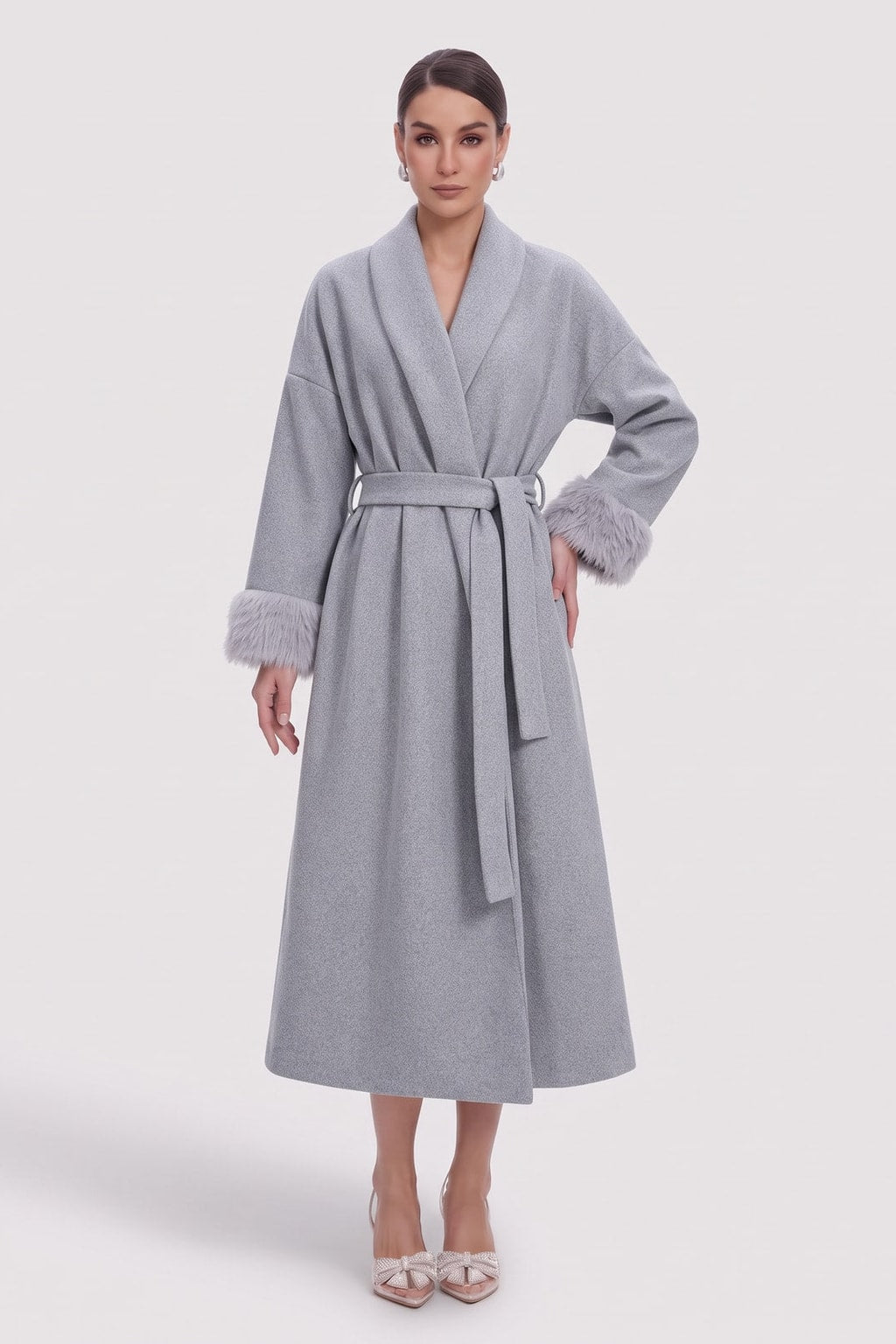 Woolen Tie-Waist Open-Front Long Coat - 2