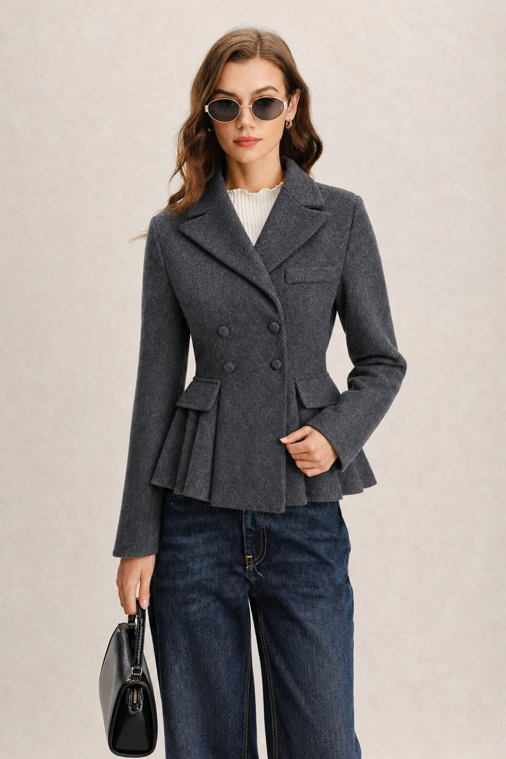 Grey Polyester Double-Breasted Blazer - 2