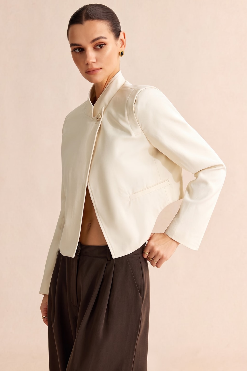 Twill Button-Front Blazer With Faux Pockets - 2