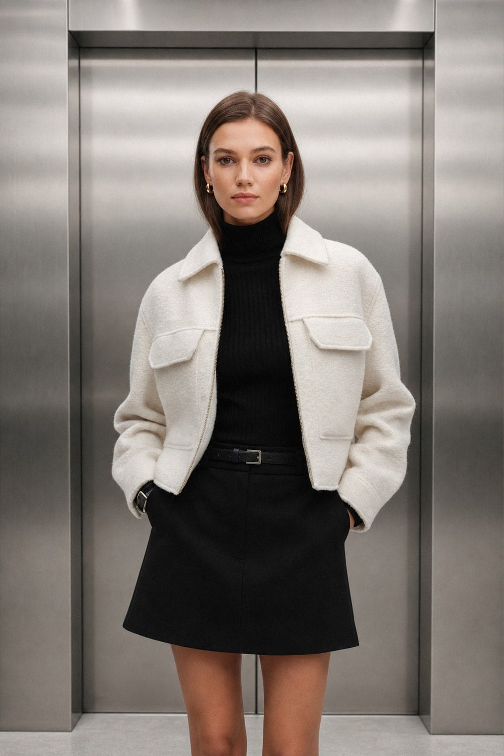Off White Polyester Zip-Up Jacket with Pockets - 2