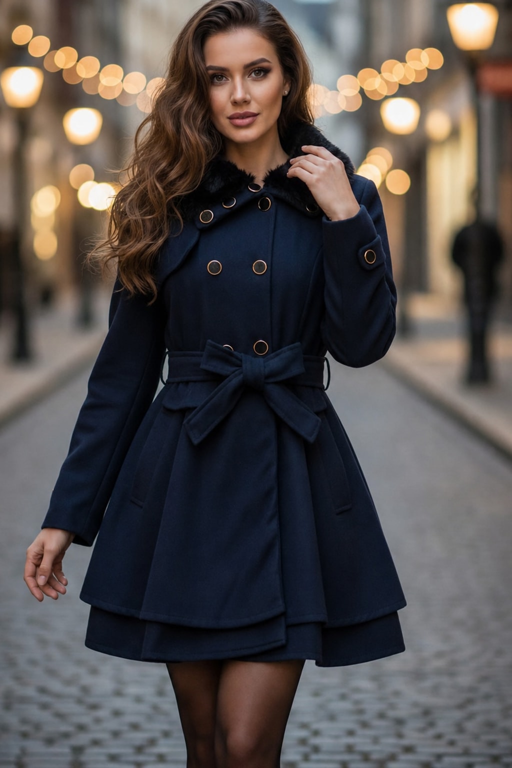 Warm Navy Blue Double Breasted Coat with Faux Fur Collar - 2