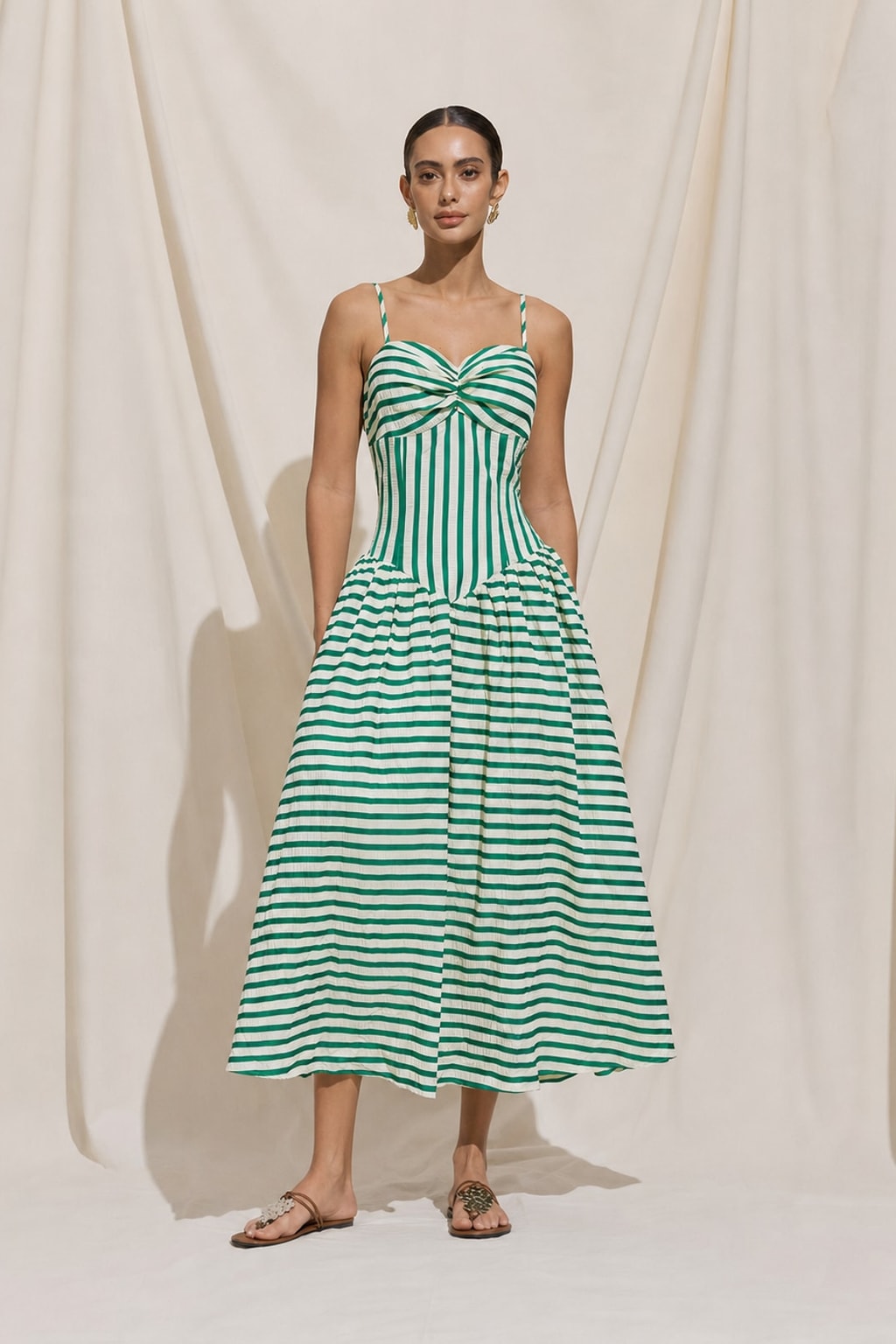 Polyester Striped Maxi Dress With Ruched Zipper Detail - 2