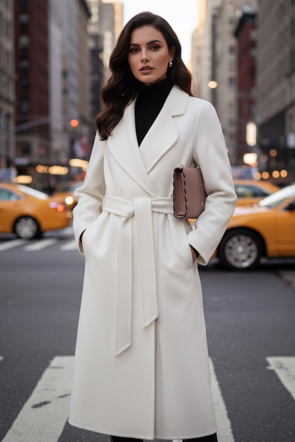 Warm White Belted Wrap Coat with Wide Lapel - 2