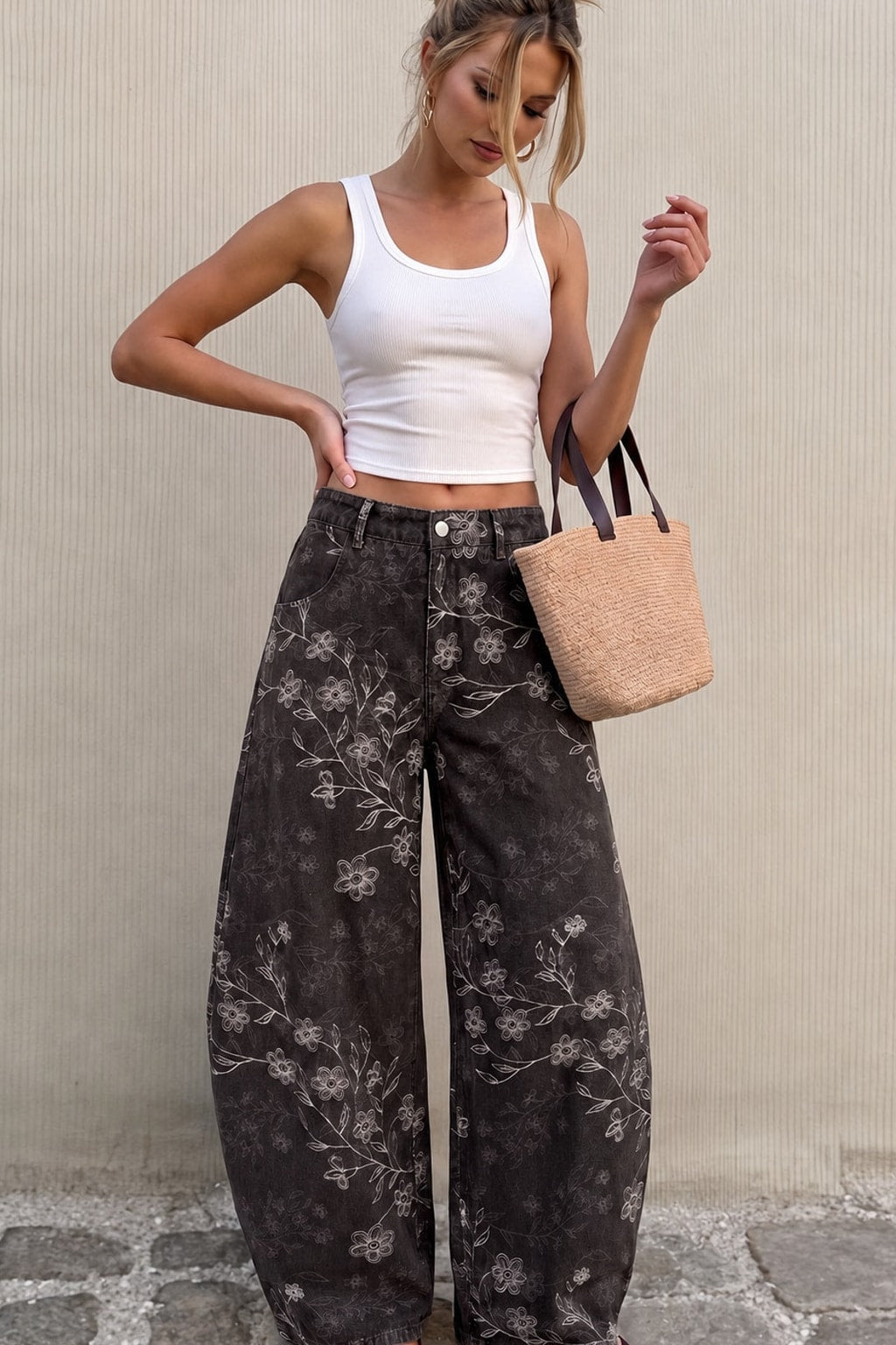 Cotton Blend Floral Pocket Barrel Jeans - 2