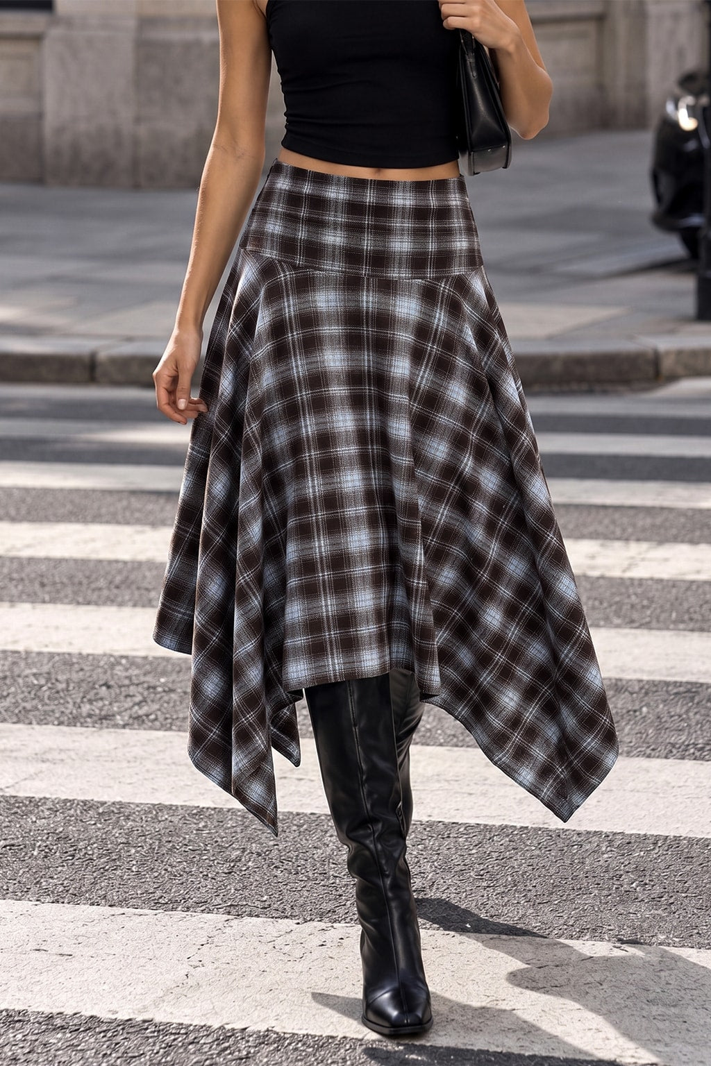 Plaid Midi Skirt With Asymmetric Hem - 2