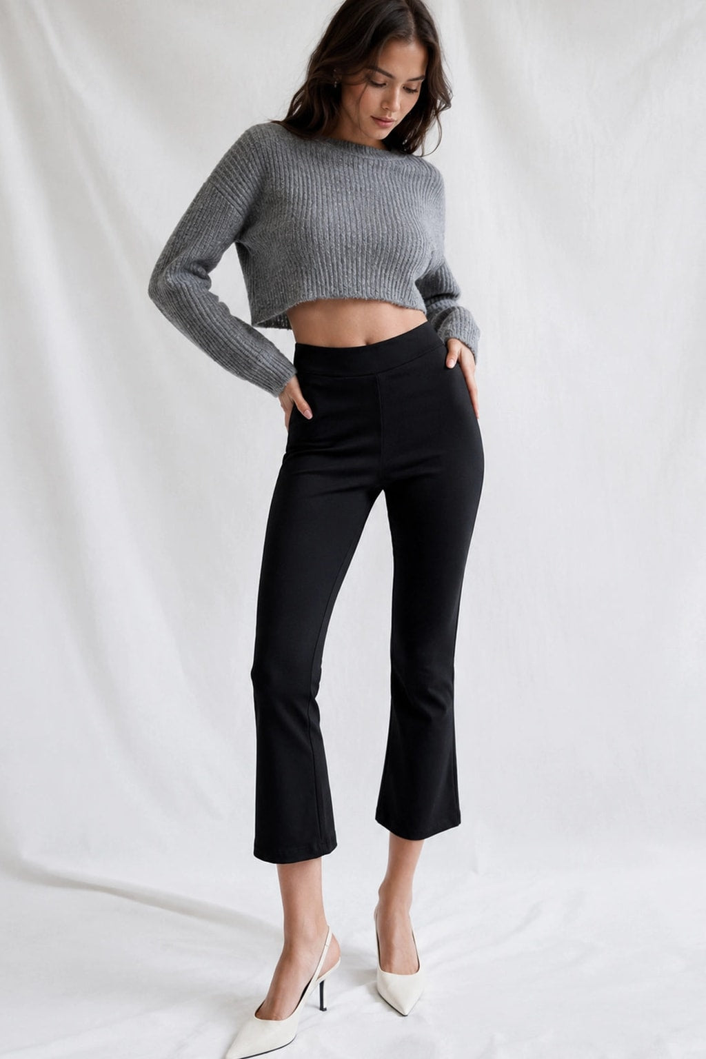 Black Stretch Woven Flared Ankle Pants - 2