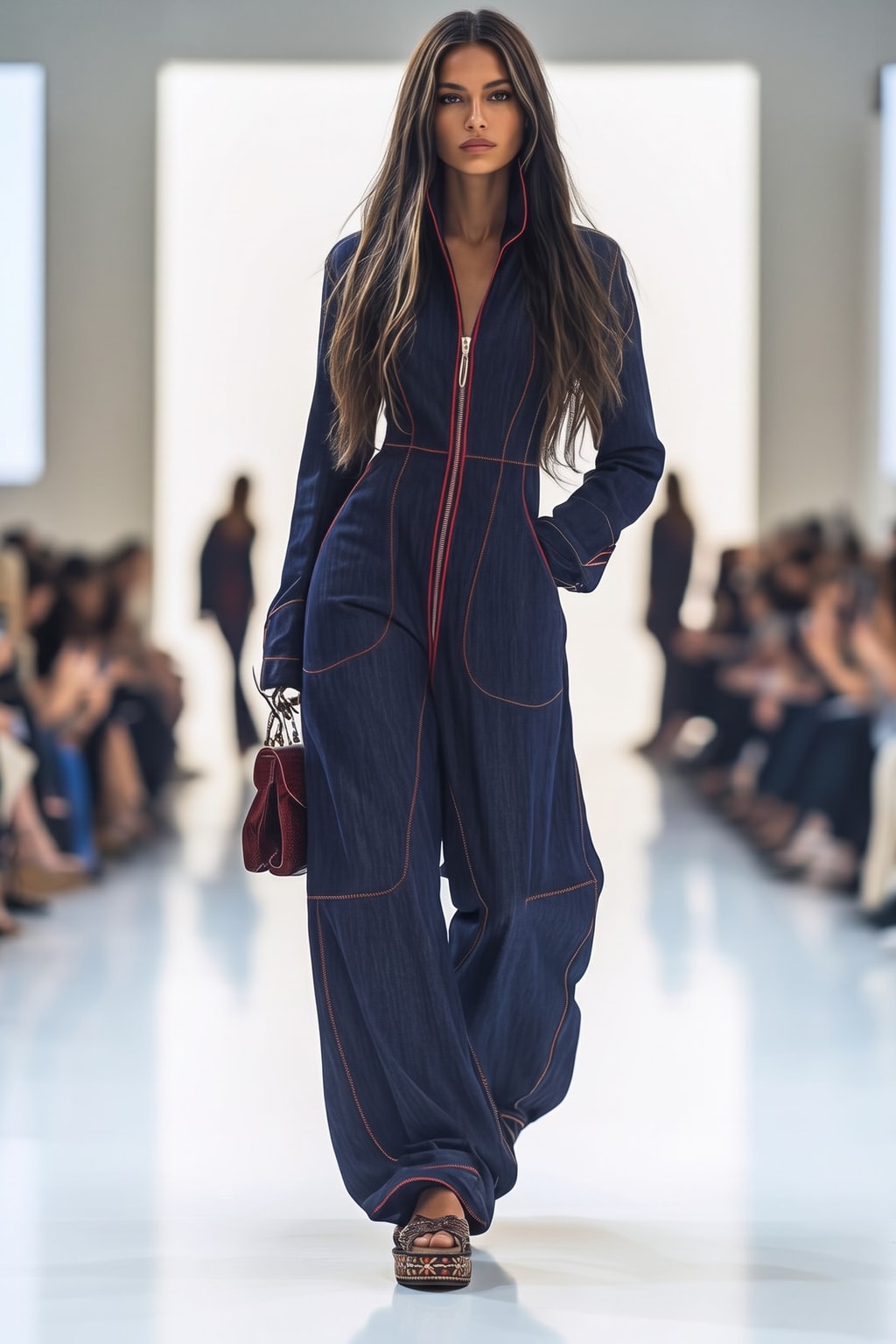 Classic Denim Wide Leg Jumpsuit With Stand Collar - 2