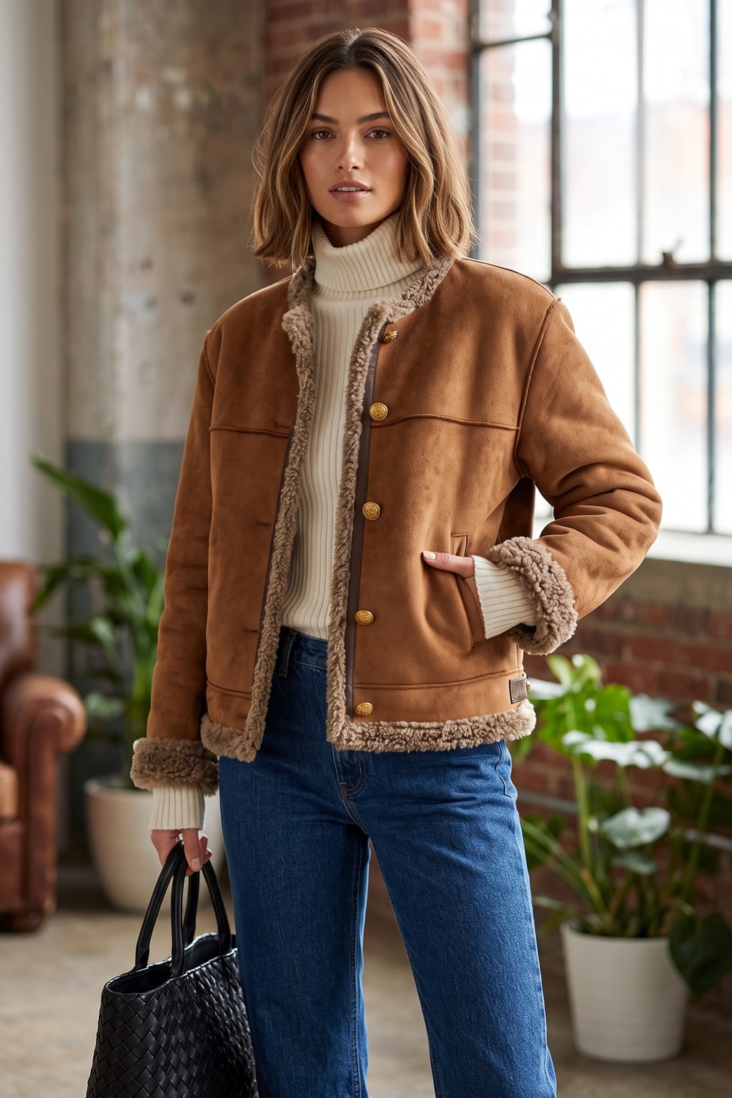 Cozy Suede Shearling Jacket Cropped Collarless - 4