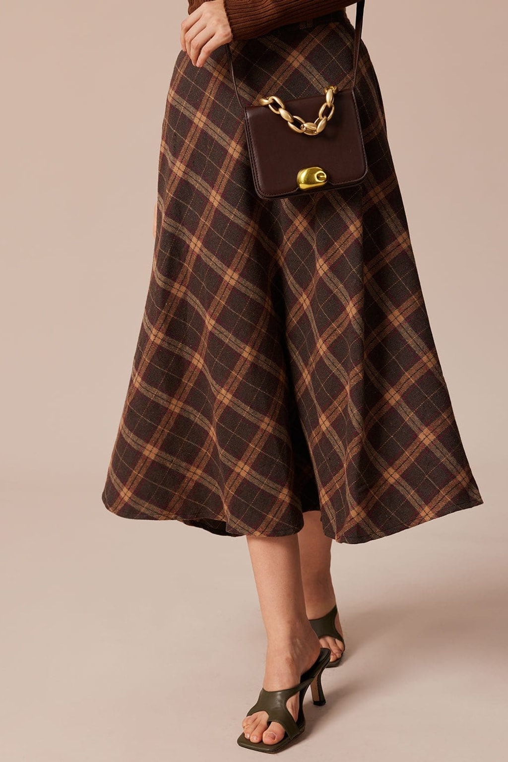 Plaid A-Line Midi Skirt With Elastic High-Waist Comfort Fit - 2