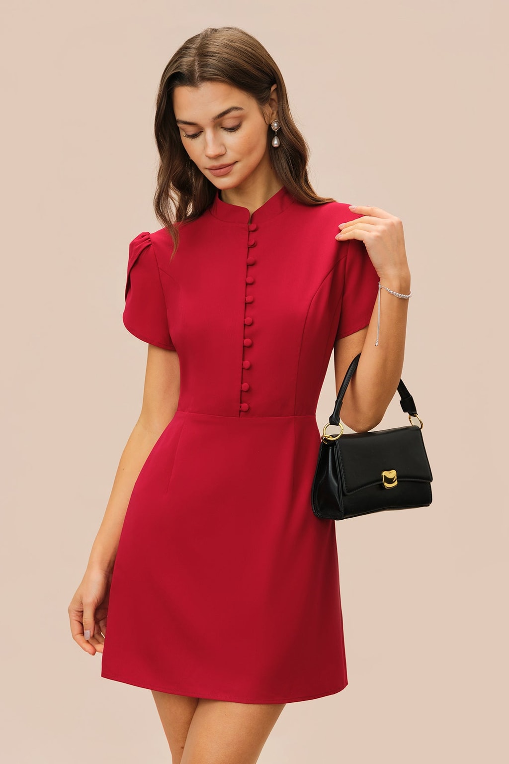 Red Petal Sleeve Mini Dress With Mandarin Collar - 2