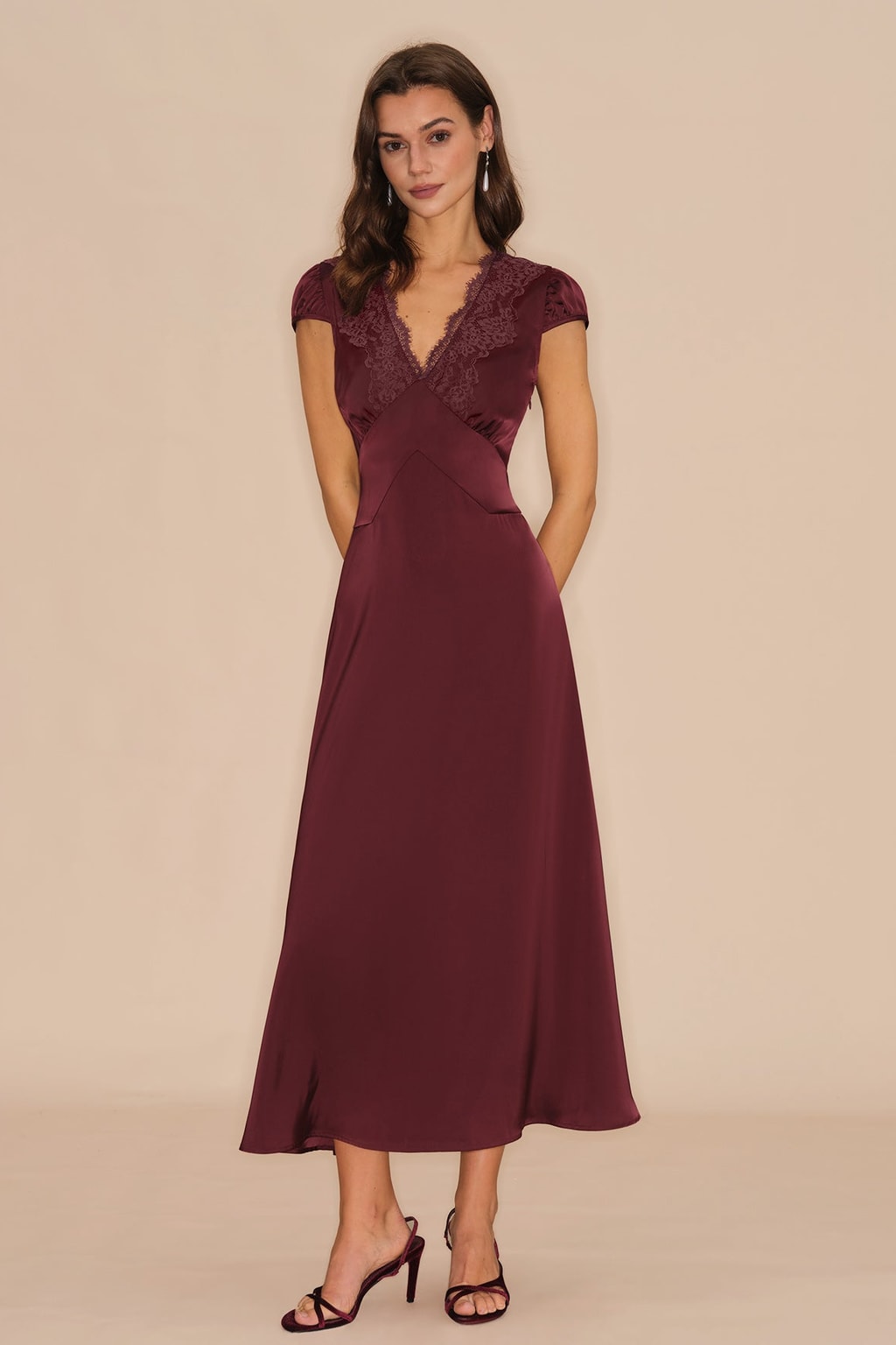 Wine Red V-Neck Lace Maxi Dress Flattering A-Line Fit - 2