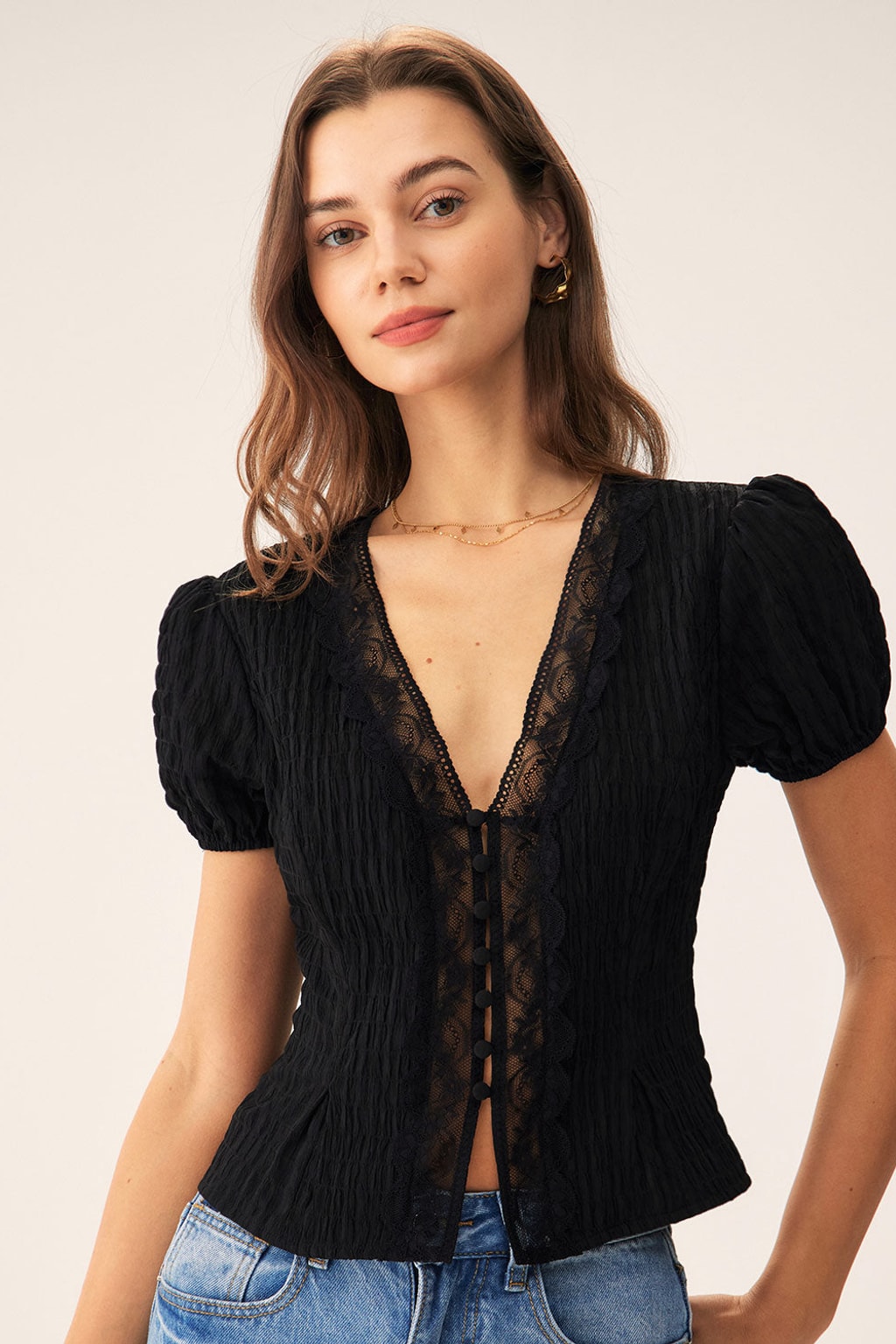 Black Jacquard Lace Blouse Puff Sleeve Button-Front Top - 2