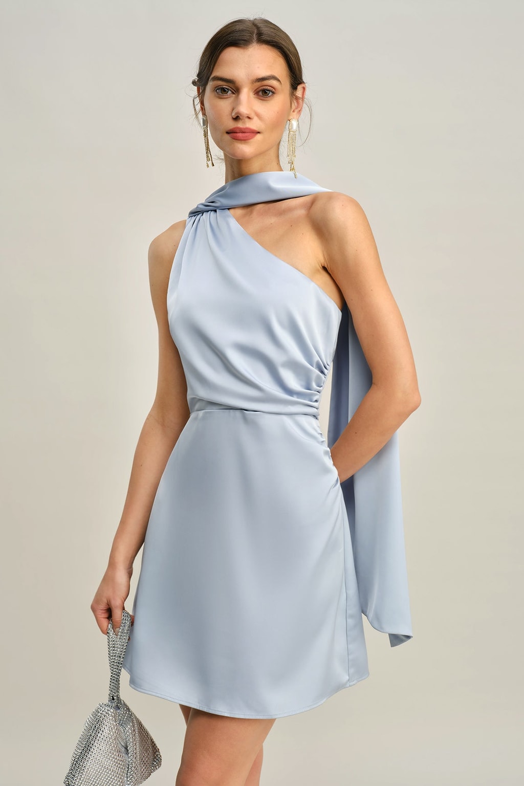 One Shoulder Satin Mini Dress With Ruched Tie Detail - 2