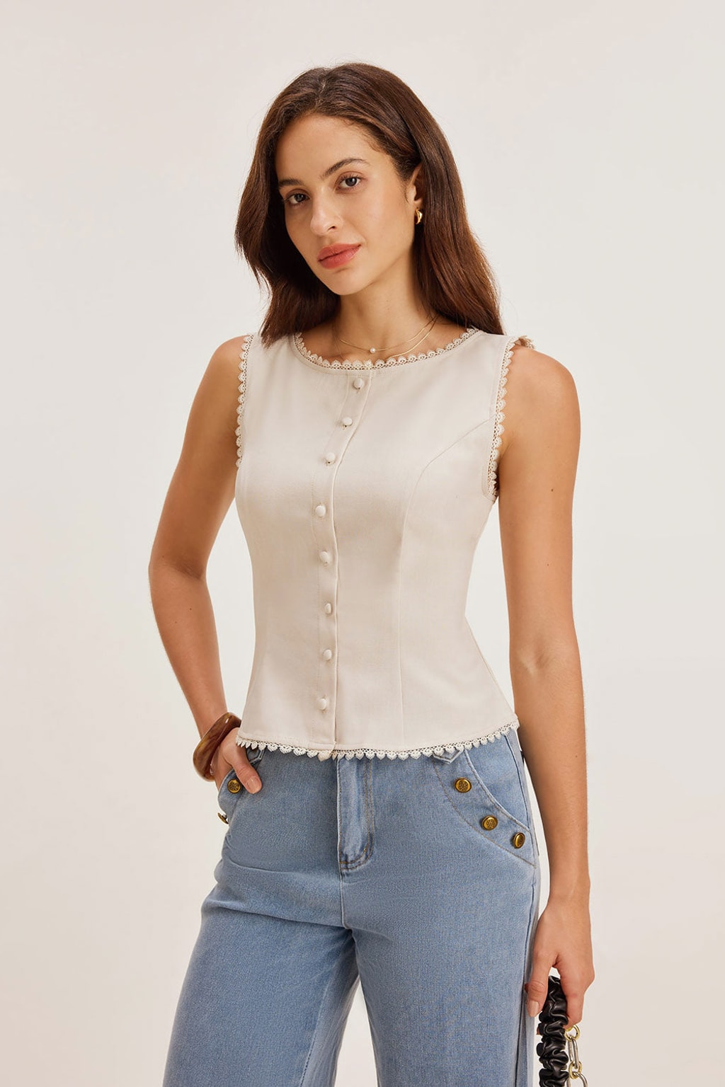 Boat Neck Button Vest Top With Adjustable Tie-Back Waist - 2