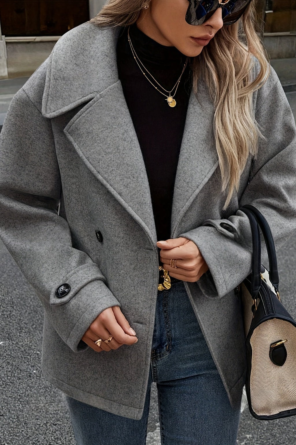 Dark Gray Wool Blend Pea Coat With Notched Lapel - 3