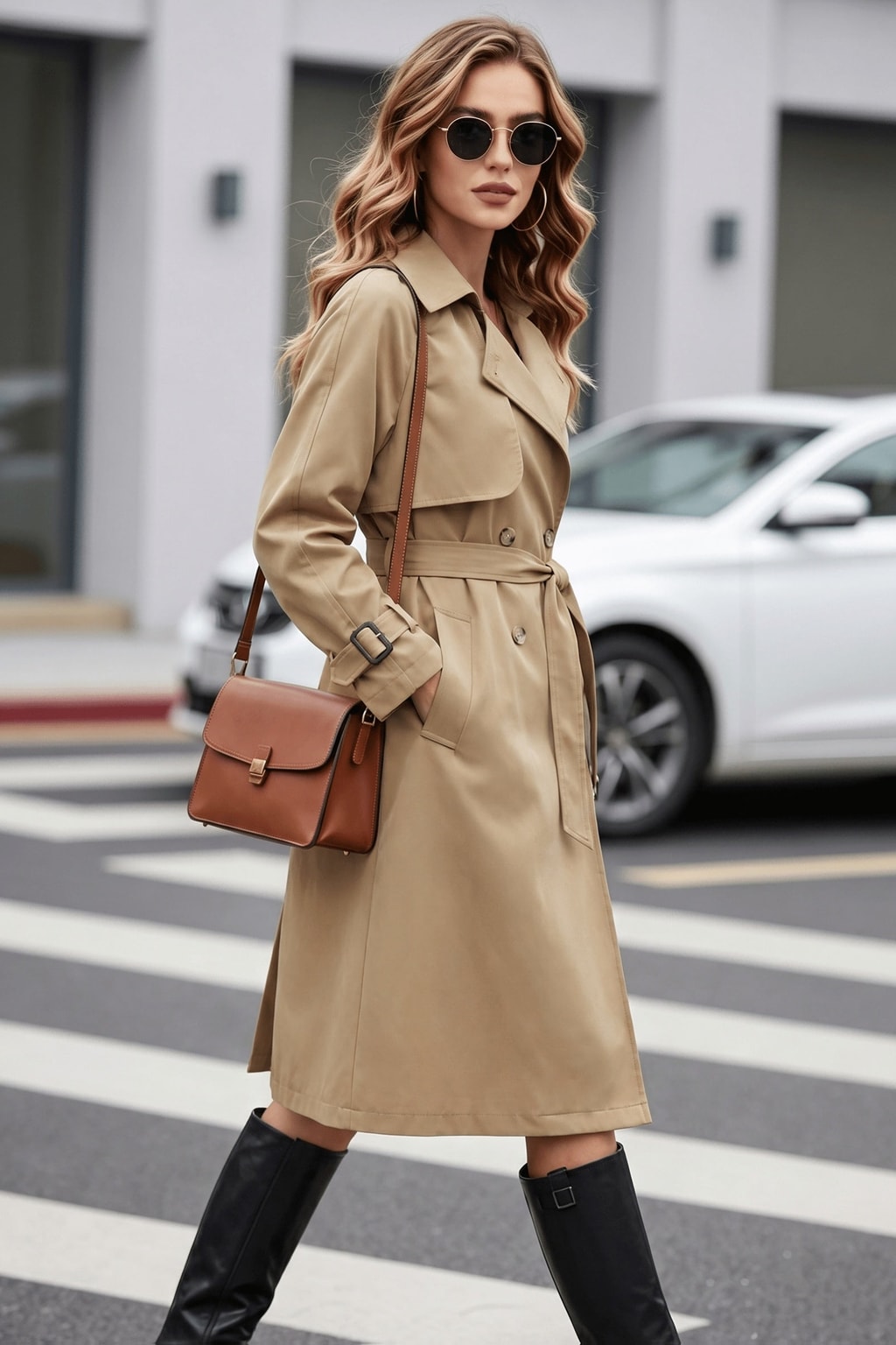 Khaki Belted Trench Coat with Double-Breasted Lapel - 2