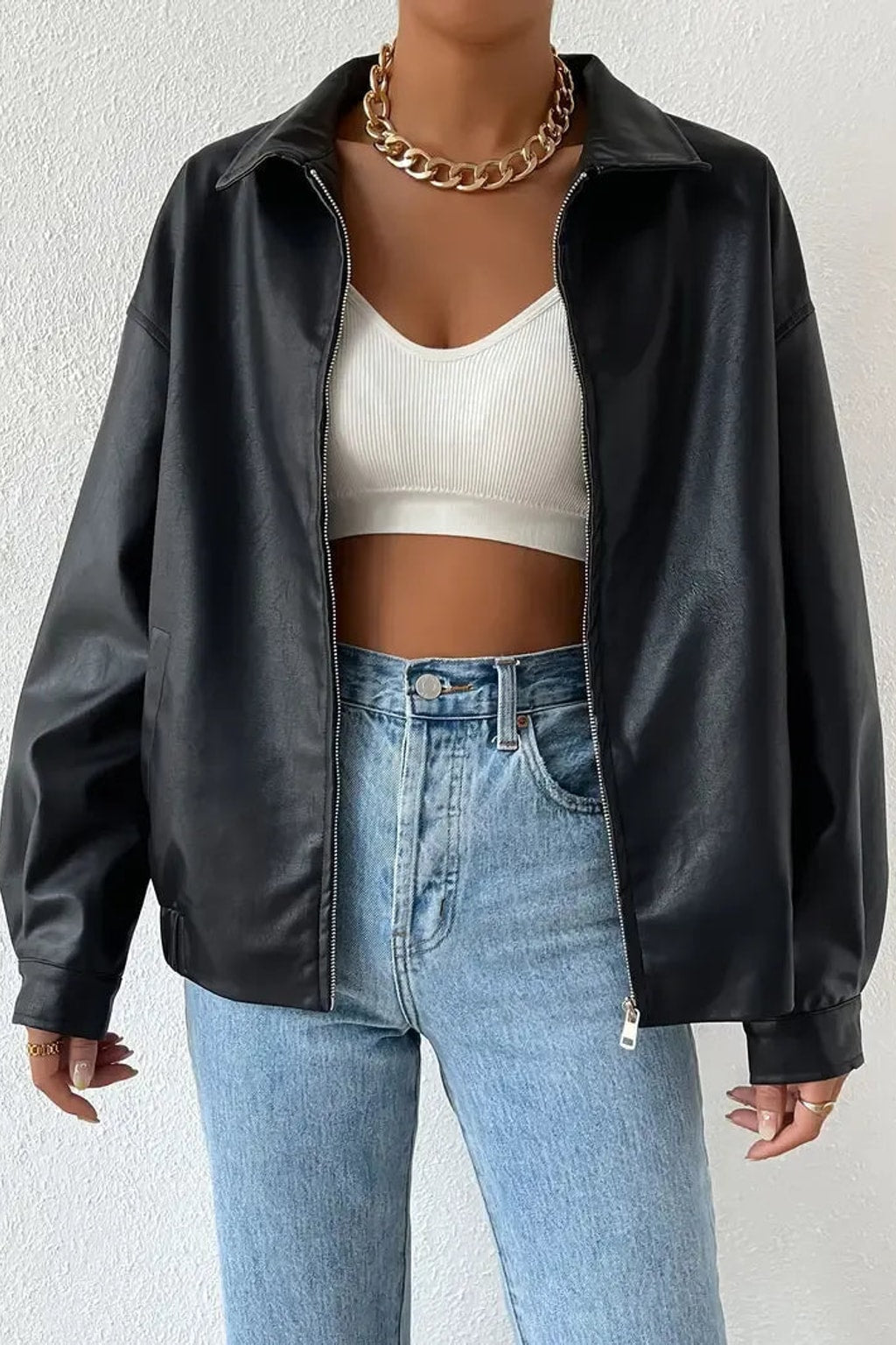 Timeless Black Faux Leather Jacket With Point Collar - 2