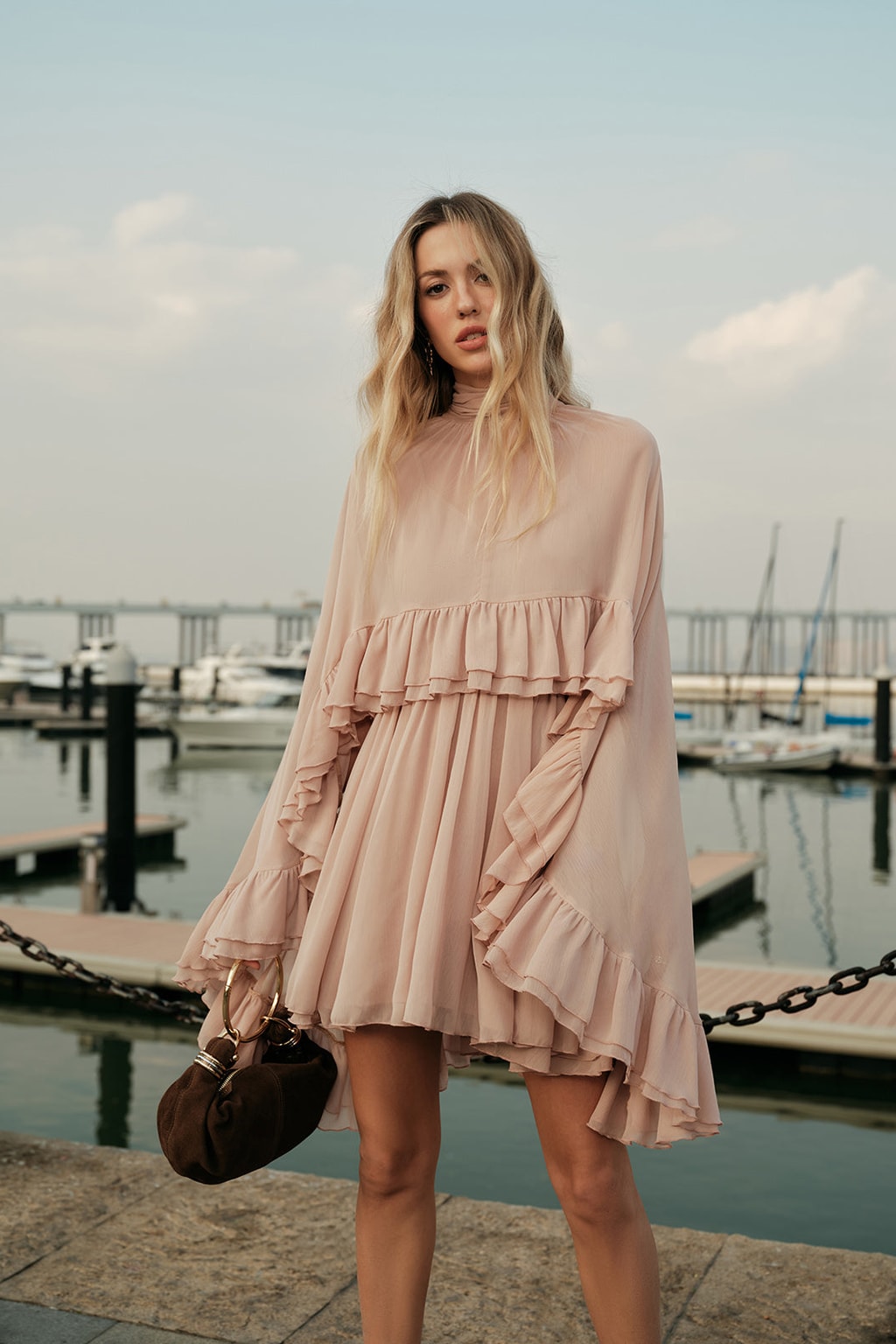 Chiffon Ruffle Mini Dress With Cape Overlay - 2