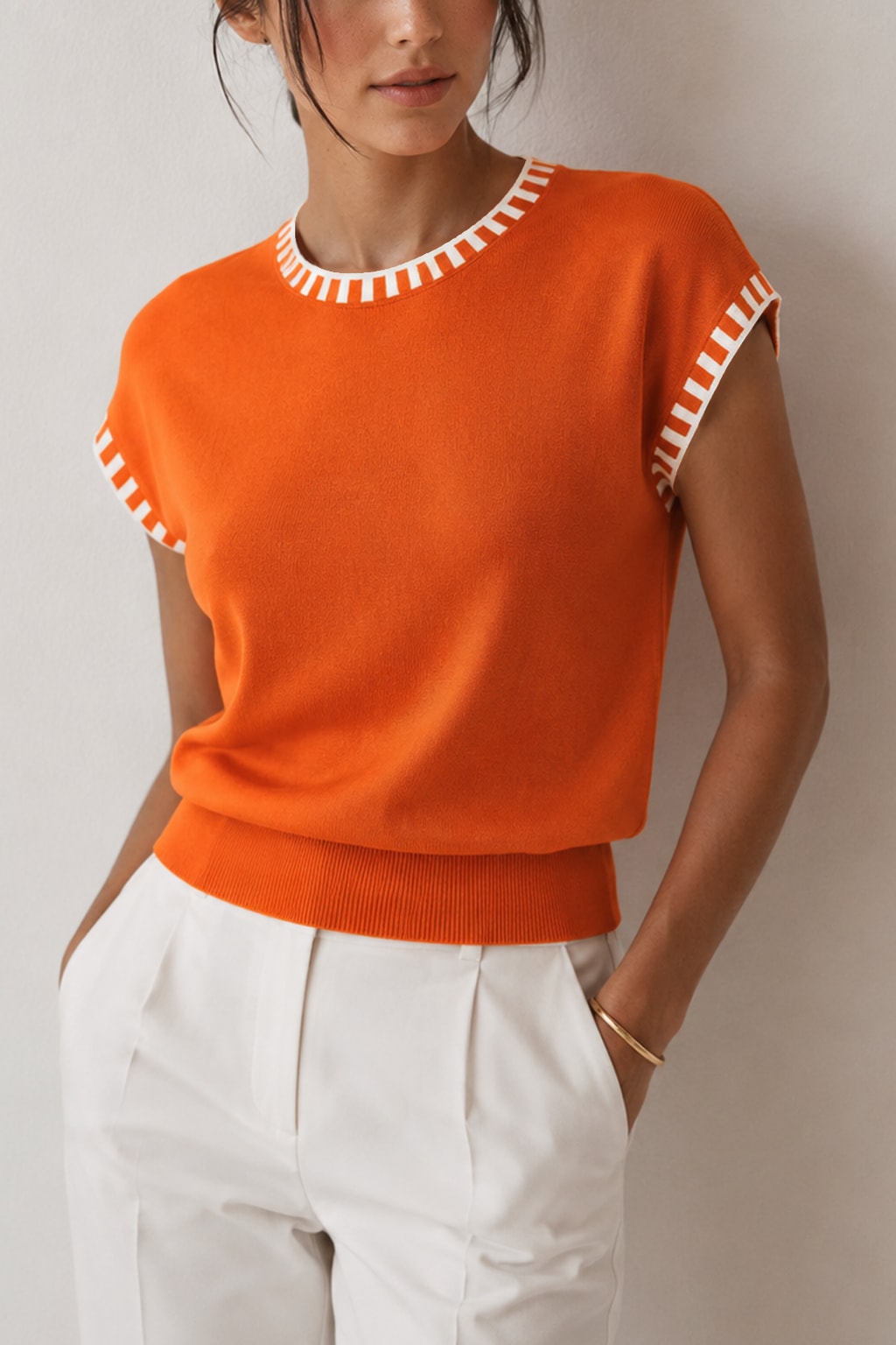Knit Cap Sleeve Top With Contrast Trim - 2