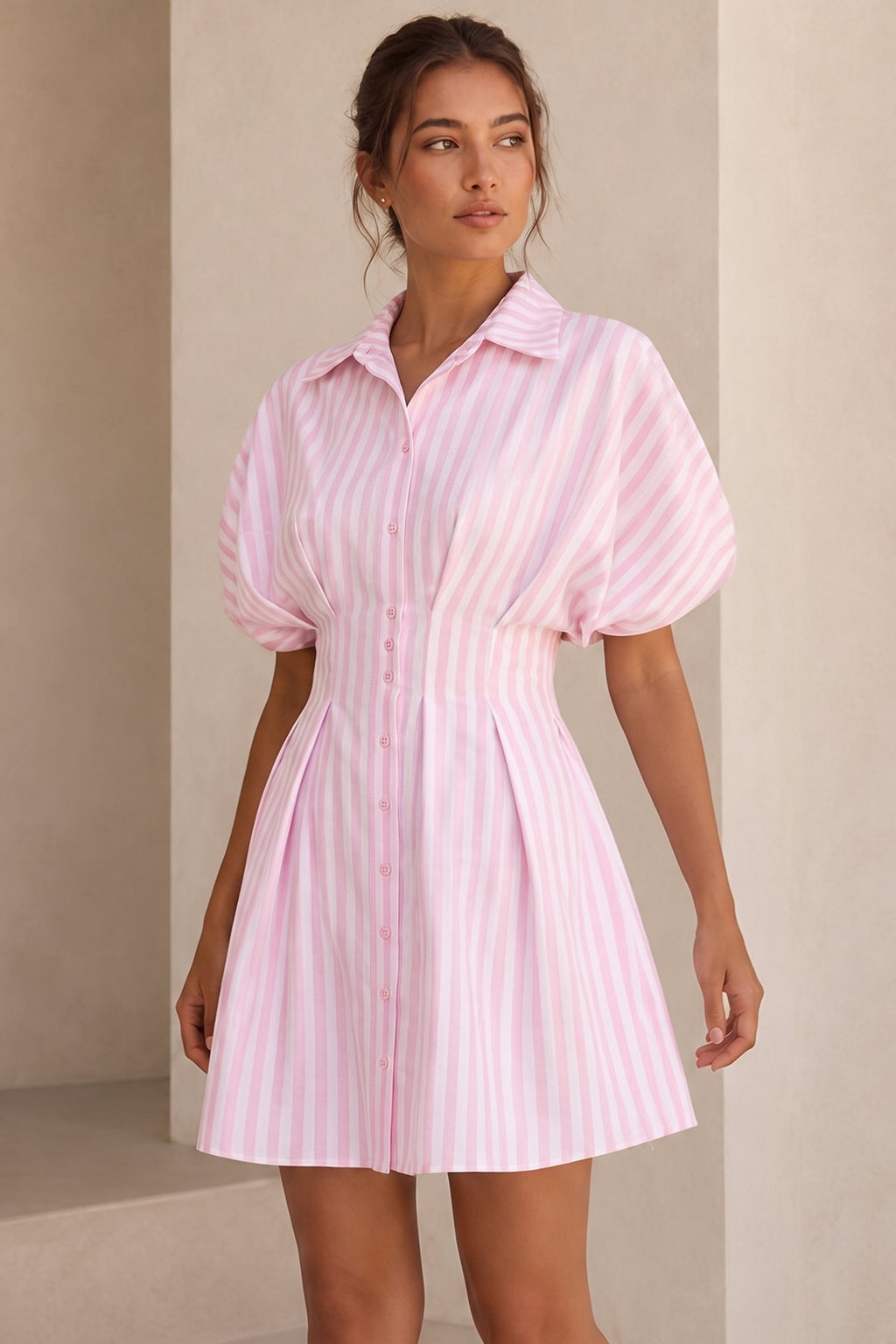 Cotton Blend Striped Cinched-Waist Shirt Dress - 2