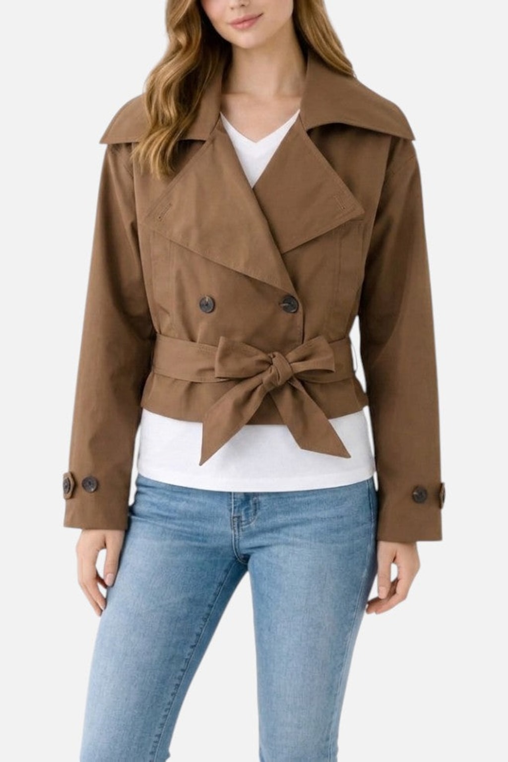 Cropped Trench Jacket With Belted Notch Collar - 2